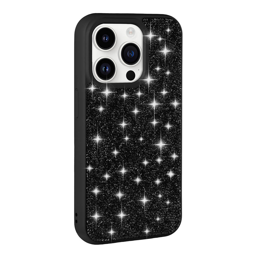 Simli kaplamalı ve kamera kesimli siyah telefon kılıfı.