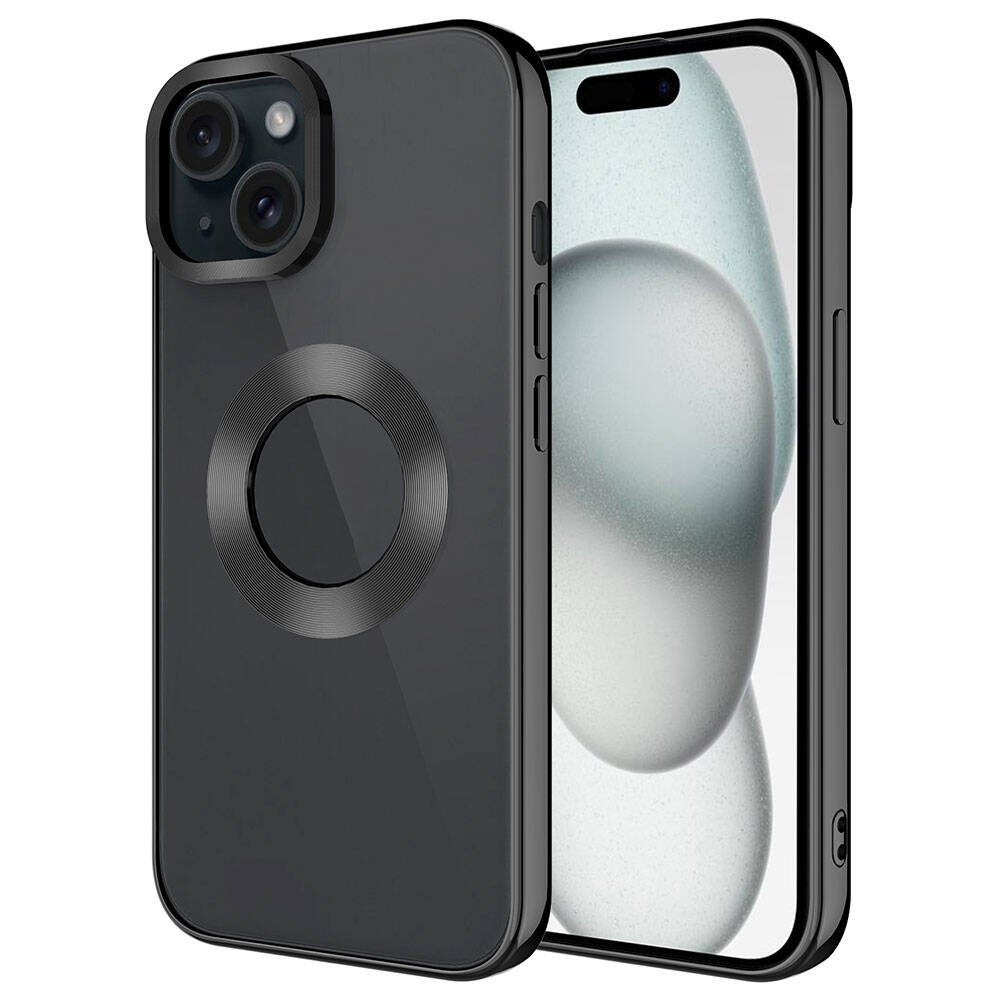 Arkada manyetik halkalı şeffaf kılıfta siyah bir iPhone.