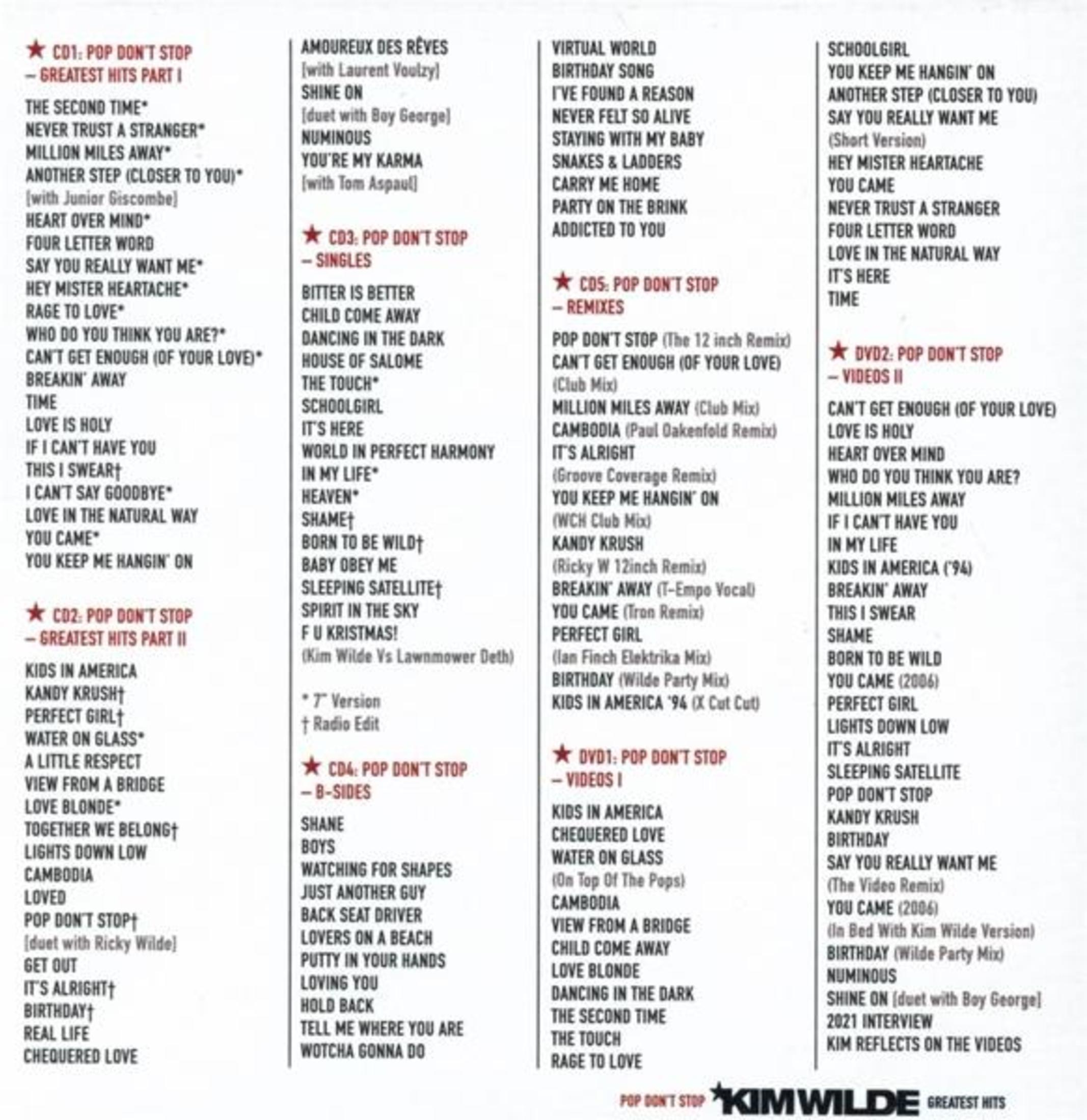 Lijst met Kim Wilde's nummers, verdeeld over cd's en dvd's, met titels en remixes.