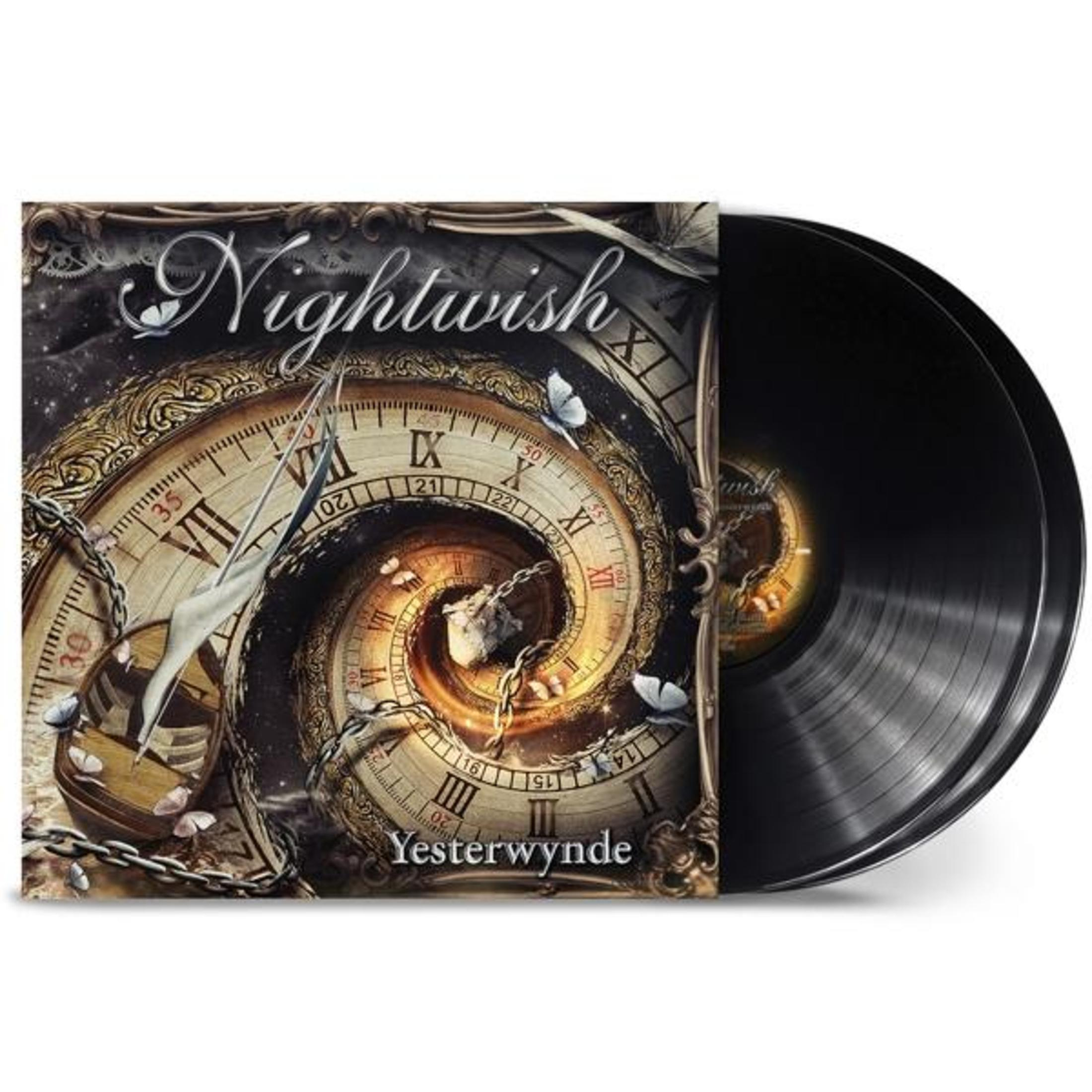 Portada de vinilo de Nightwish con un reloj en espiral y mariposas.