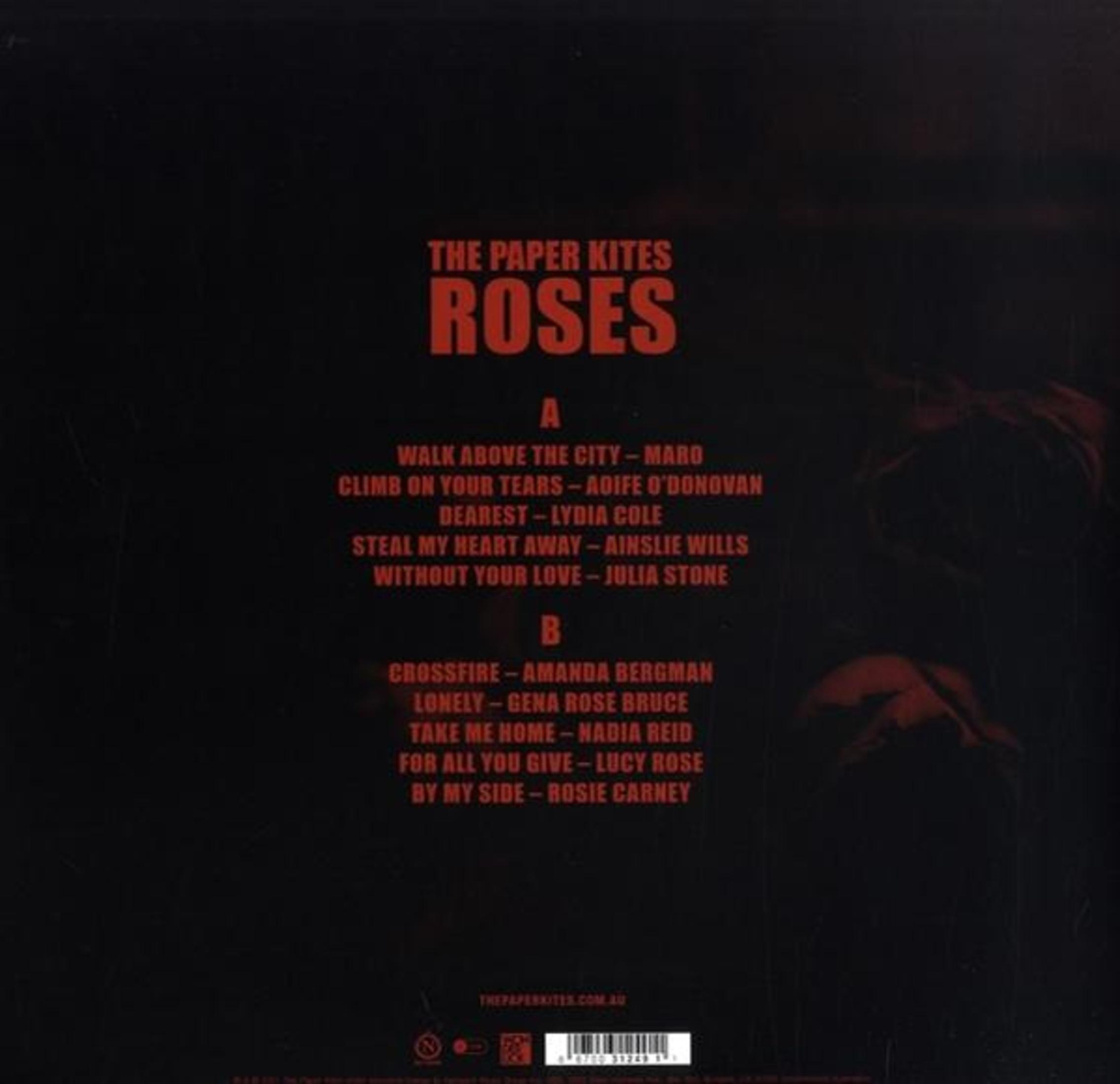 Achterkant van een album getiteld ROSES van The Paper Kites, met songlijst.