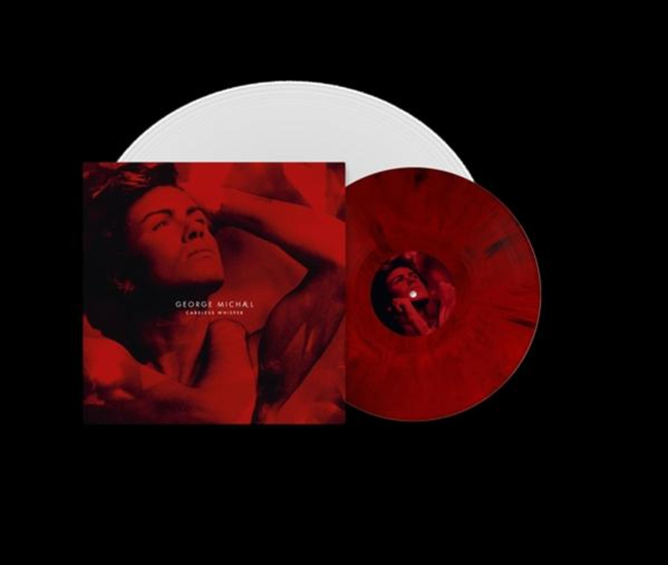 Vinilo rojo con portada de George Michael y vinilo blanco detrás.