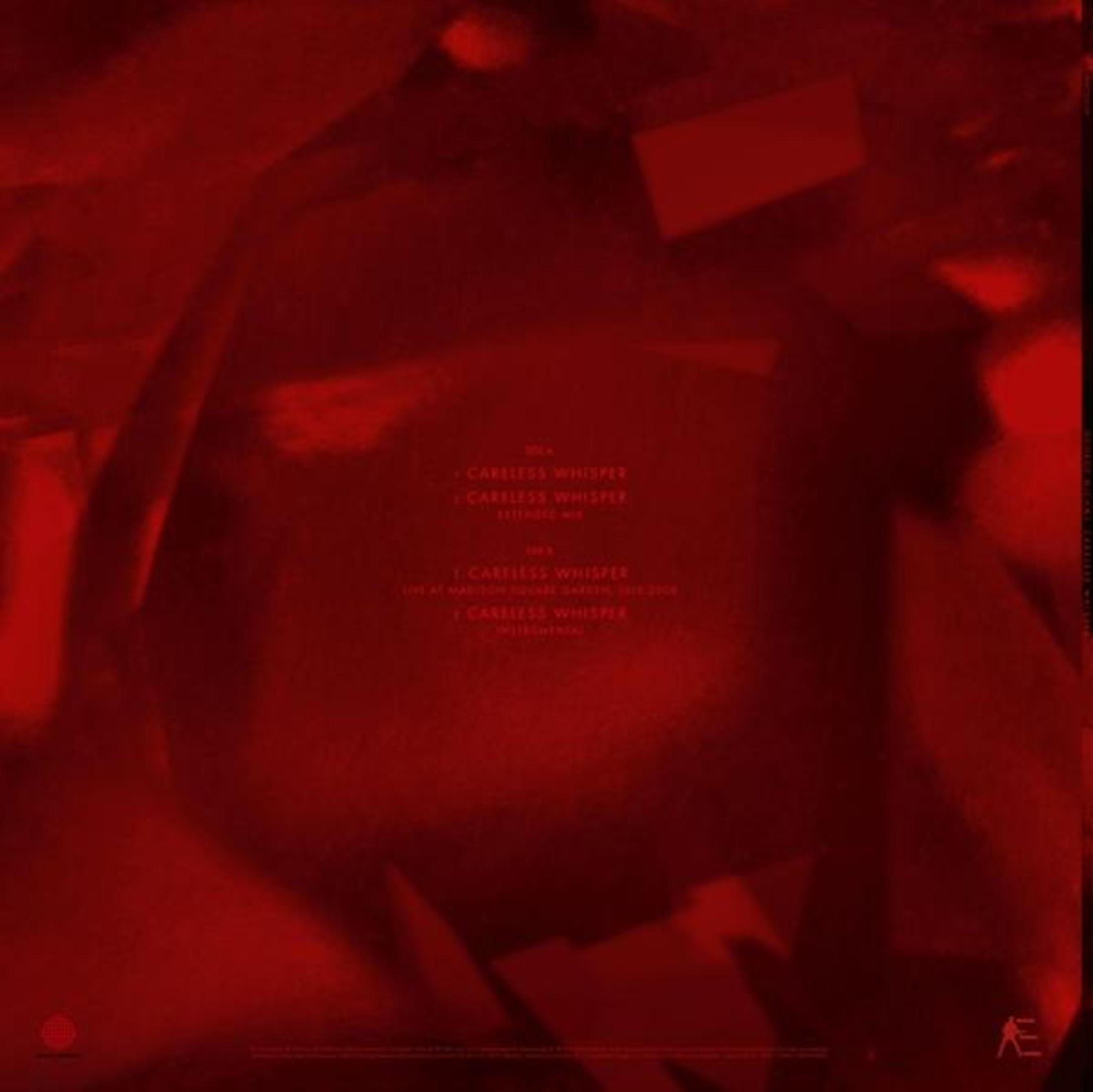 Fondo rojo con títulos de canciones y logotipos.