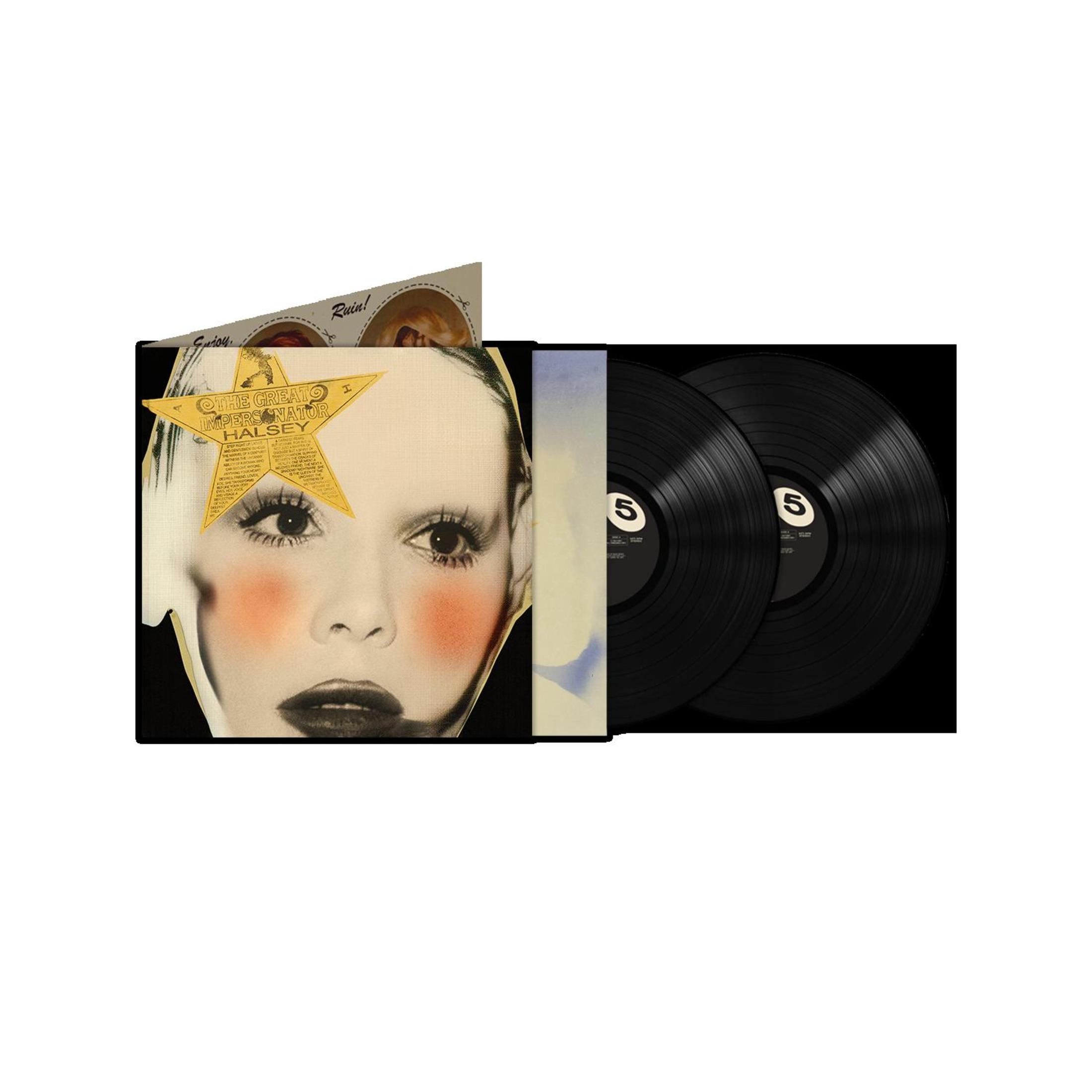 Portada de vinilo "The Great Impersonator" de Halsey con estrella, maquillaje y dos discos.