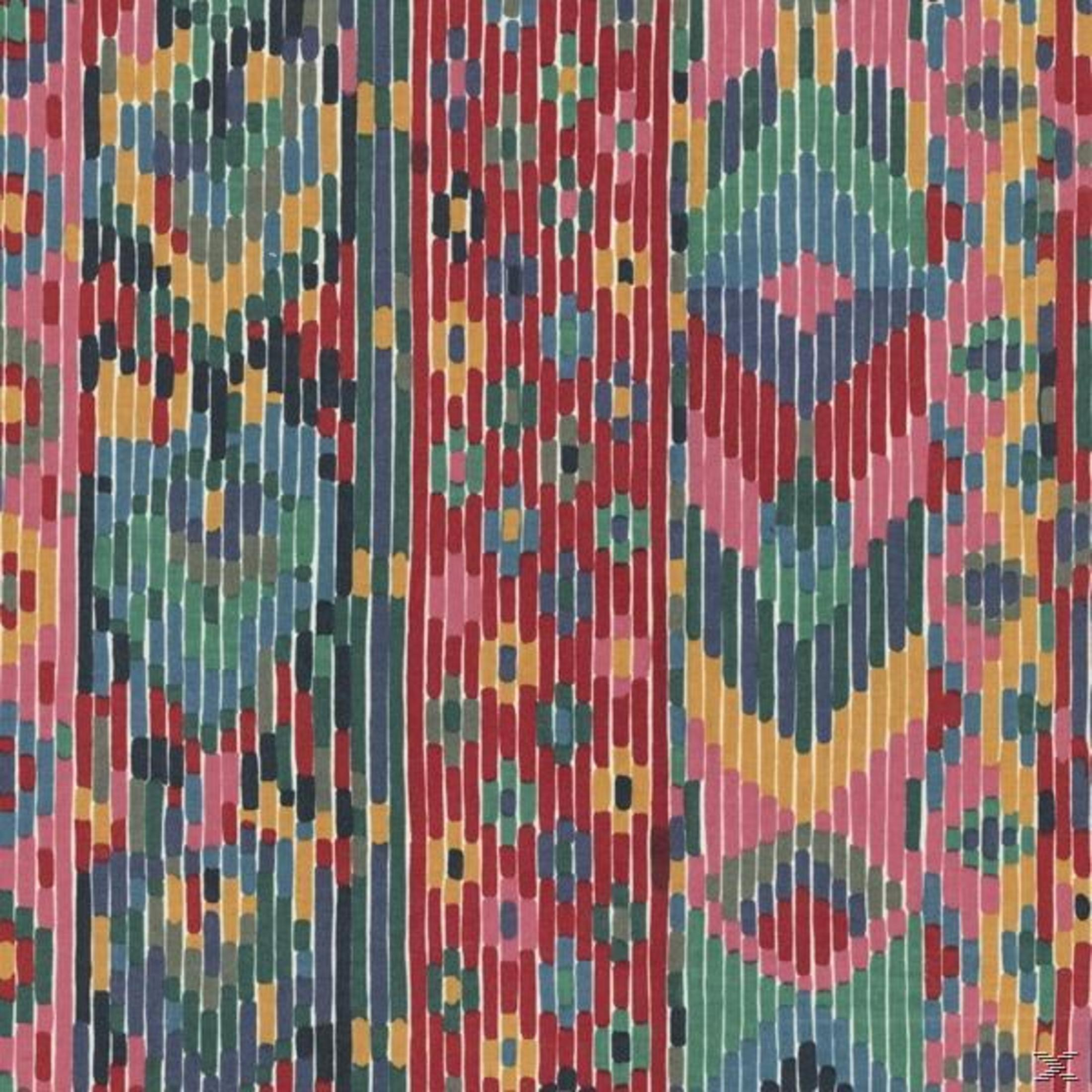 Een kleurrijk patroon van verticale strepen in rood, blauw, groen, geel en roze.