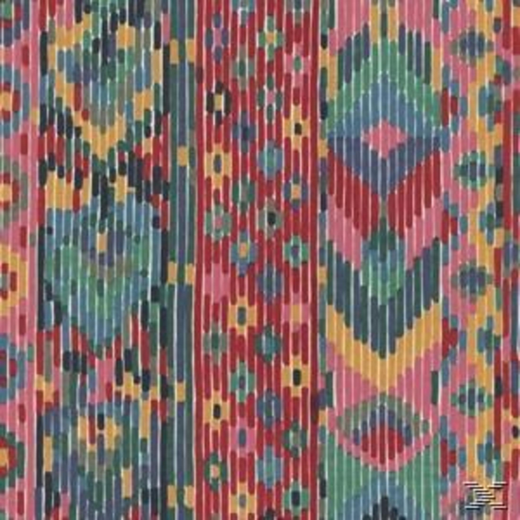 Kleurrijk patroon van verticale lijnen en geometrische vormen in rood, blauw, groen en geel.