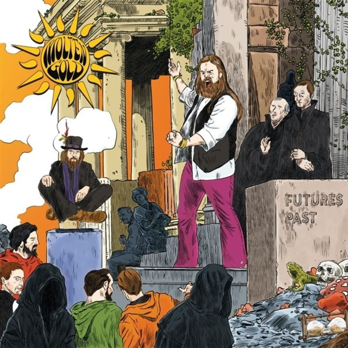 Een illustratie met een man die op een podium voor een menigte preekt.
