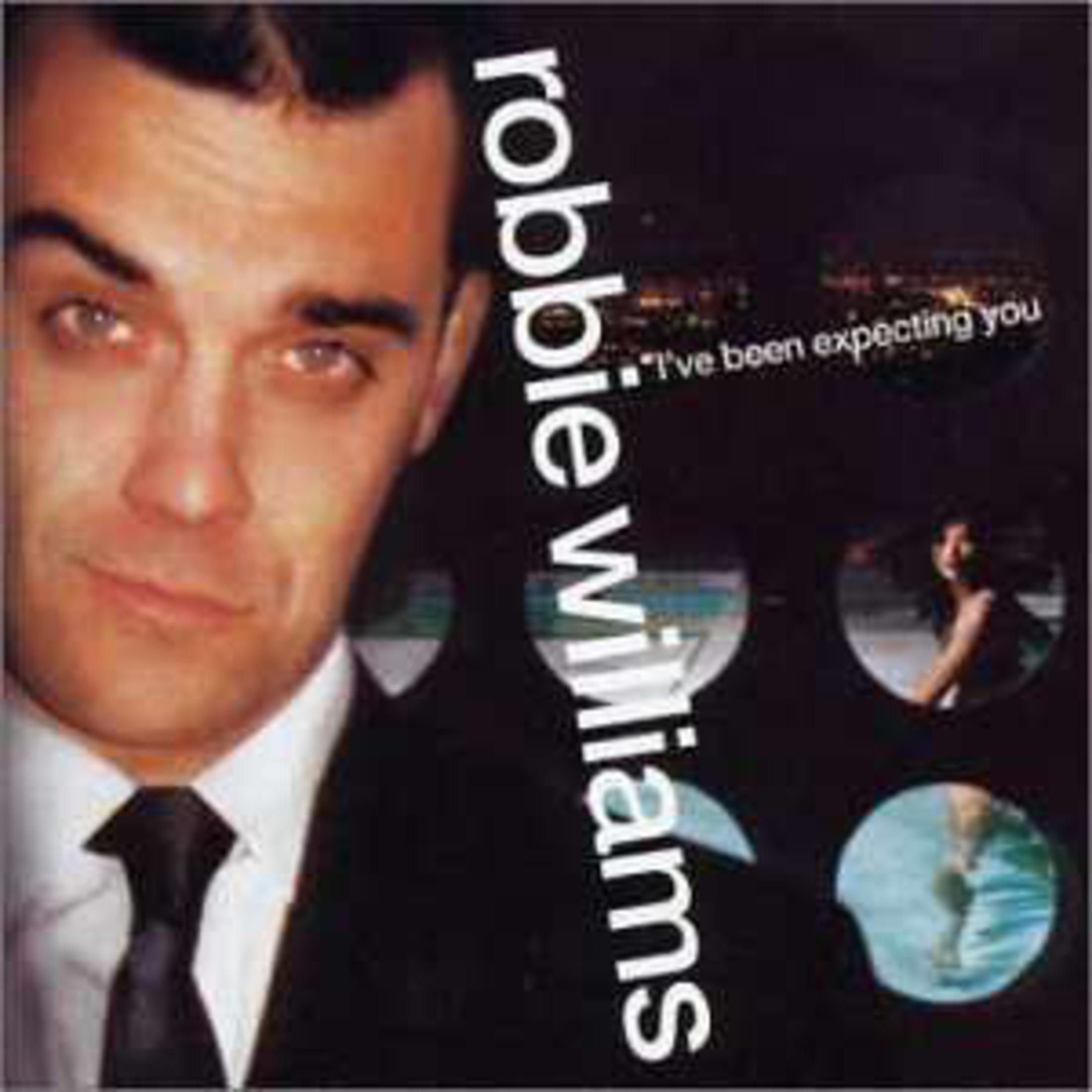 Retrato de Robbie Williams con texto e imágenes redondas.