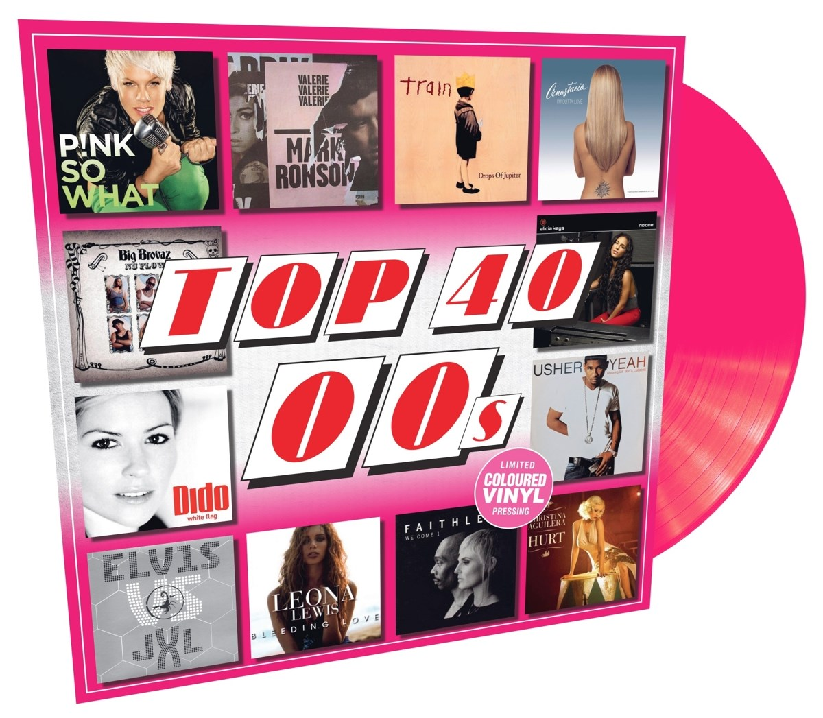 Top 40 van de 00s op een roze vinylplaat met albumhoezen.