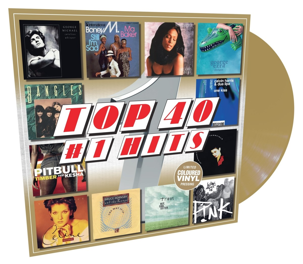 Een platenhoes met "Top 40 #1 Hits" en diverse albumhoezen.