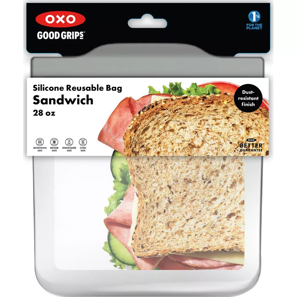 OXO Silikon Yeniden Kullanılabilir Sandviç Çantası, 28 oz, jambon, peynir, salatalık ve marulla.