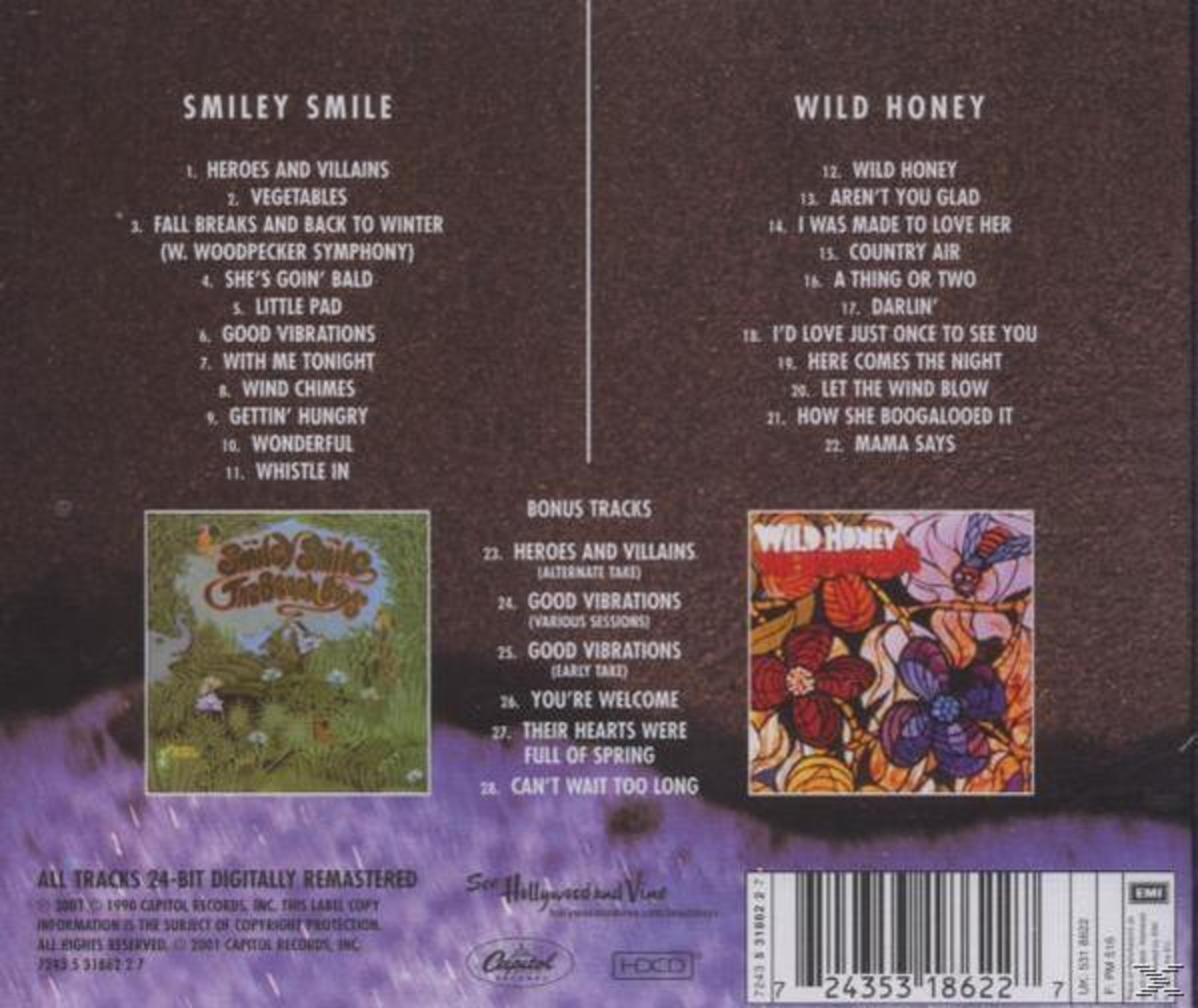 Albumhoes met tracklijsten voor Smiley Smile en Wild Honey, plus illustraties.