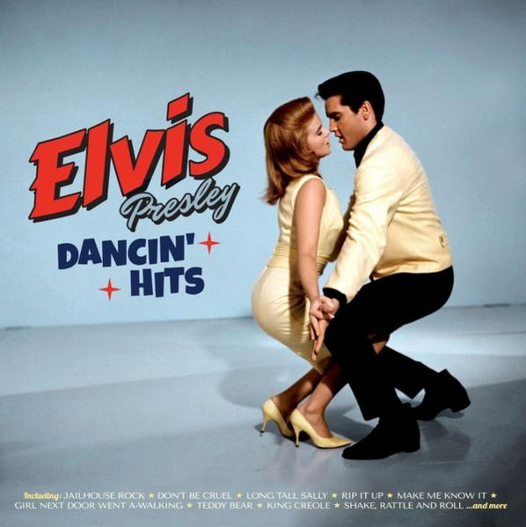 Elvis Presley albumhoes: Dancin' Hits. Man in geel jasje, vrouw in gele jurk dansen.