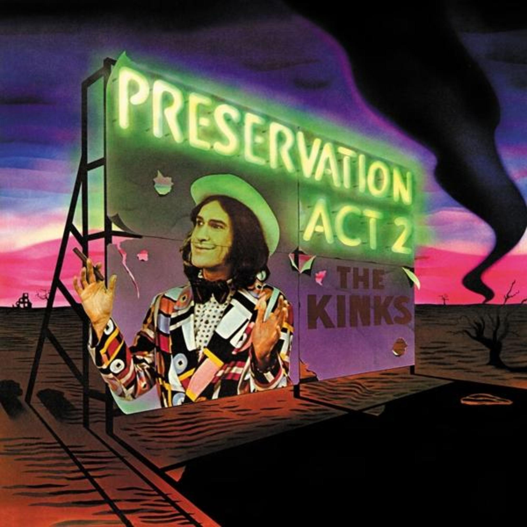 Man in kleurrijke kleding voor neonreclame "Preservation Act 2" en "The Kinks".