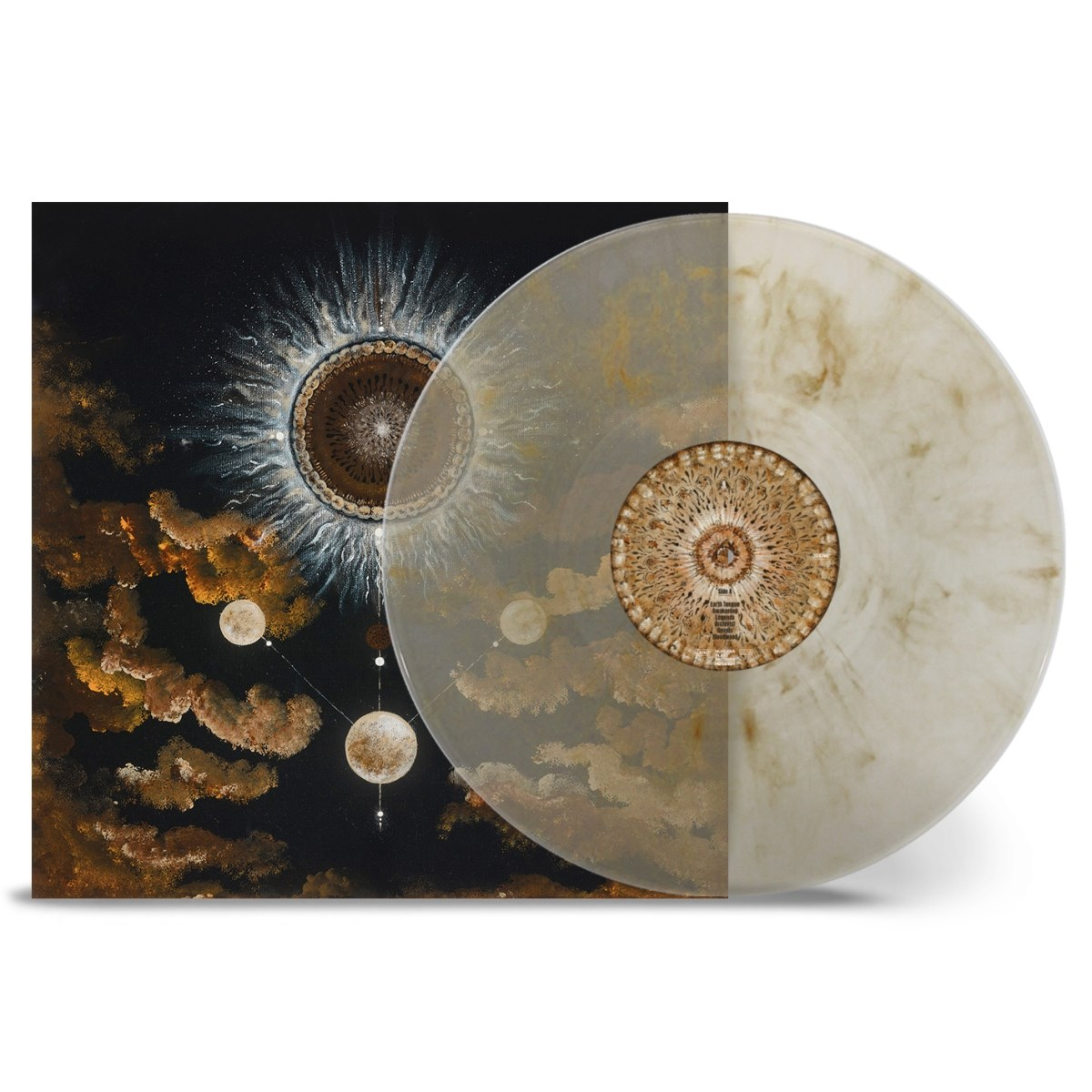 Zwart vinyl met kosmische kunst die zon, manen en wolken toont.