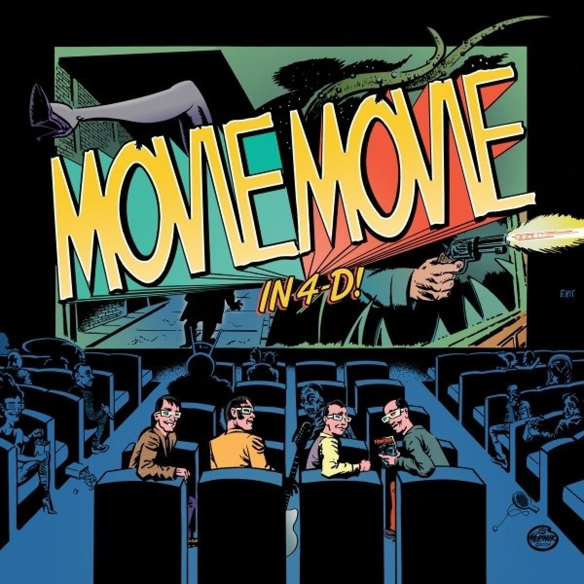 Mensen in een bioscoop bekijken een scherm met "MOVIE MOVIE IN 4-D!" en actiescène.
