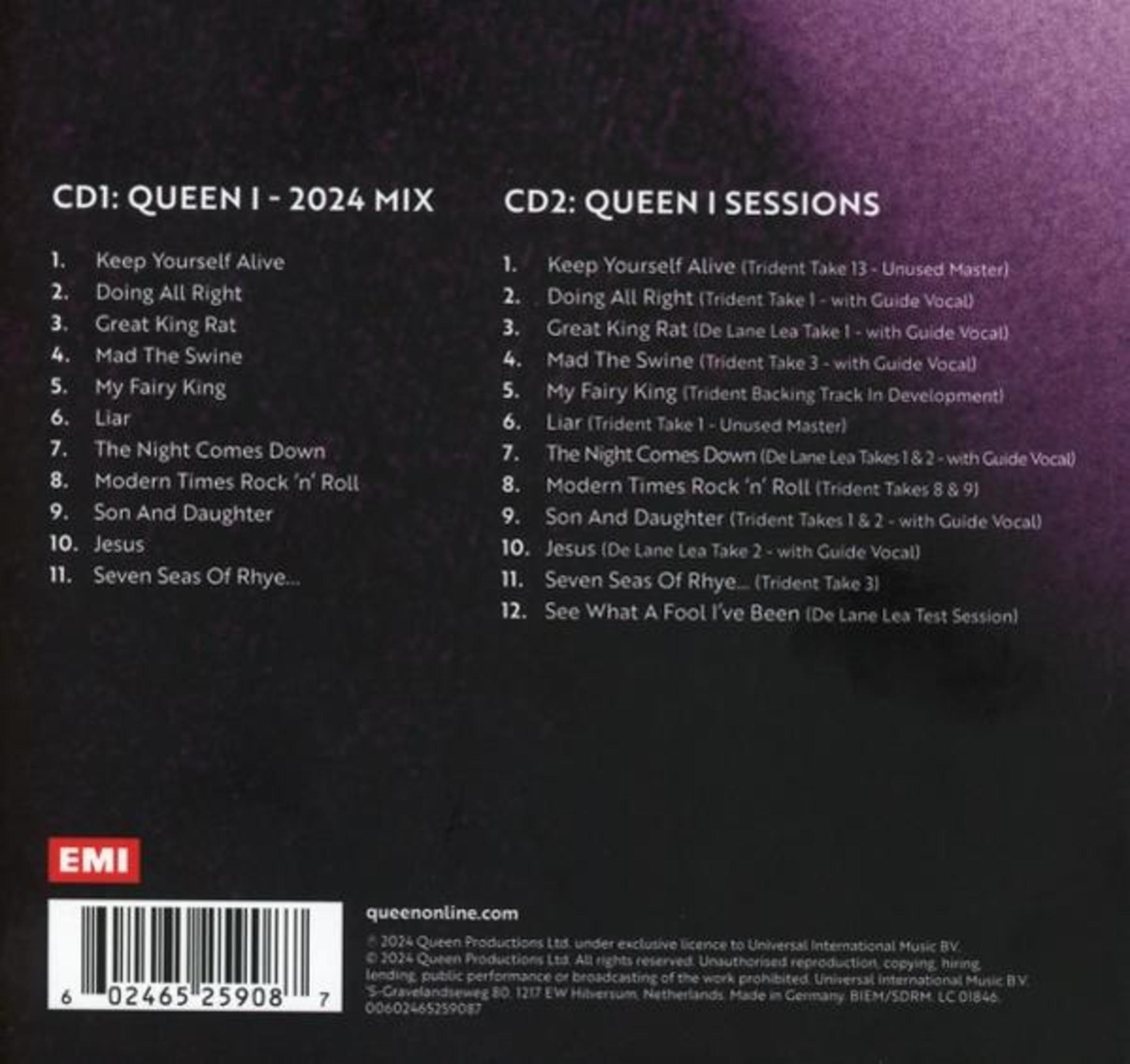 Lista de canciones del álbum con CD1 y CD2, logo EMI y código de barras.