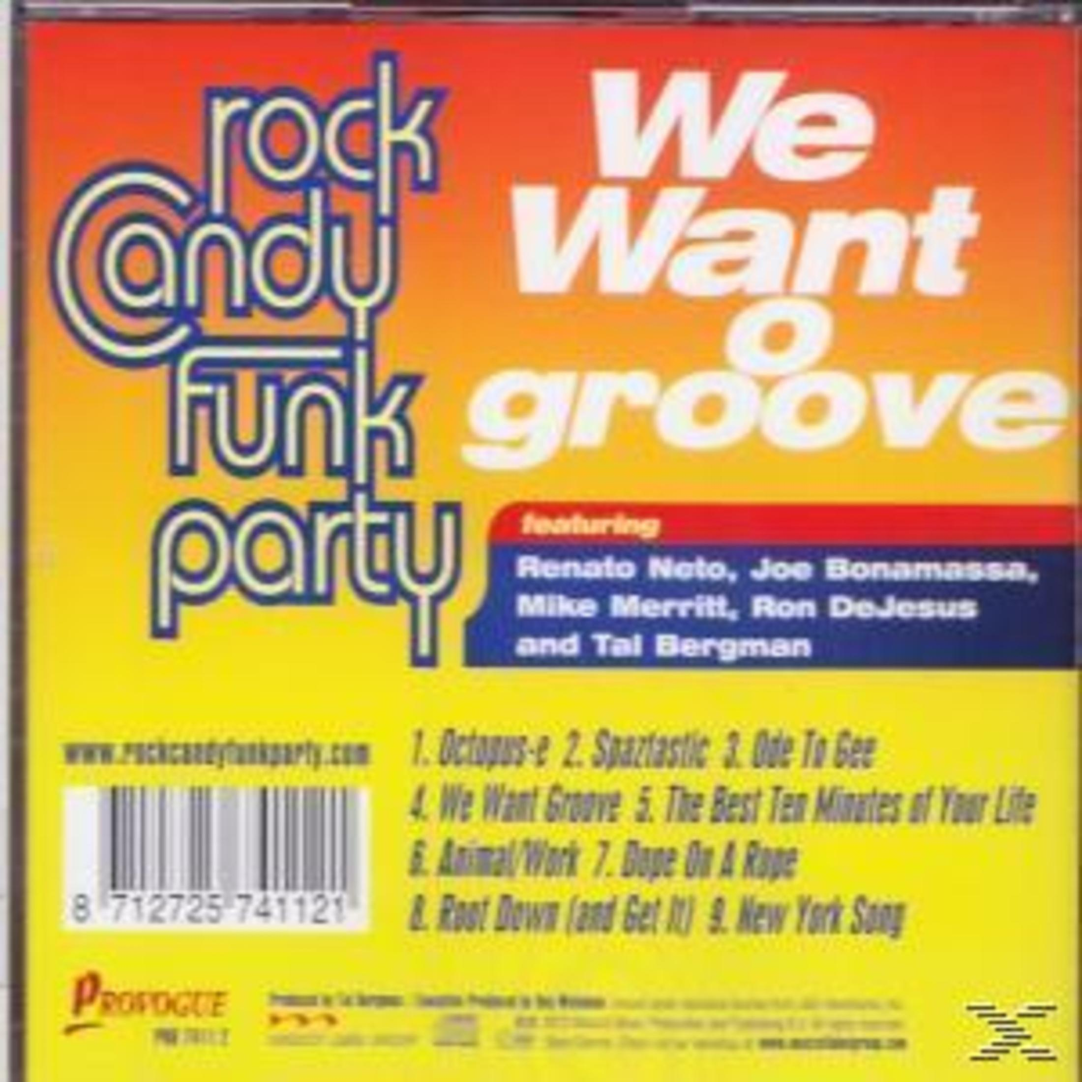 Cd-hoes met tekst Rock Candy Funk Party en We Want Groove.