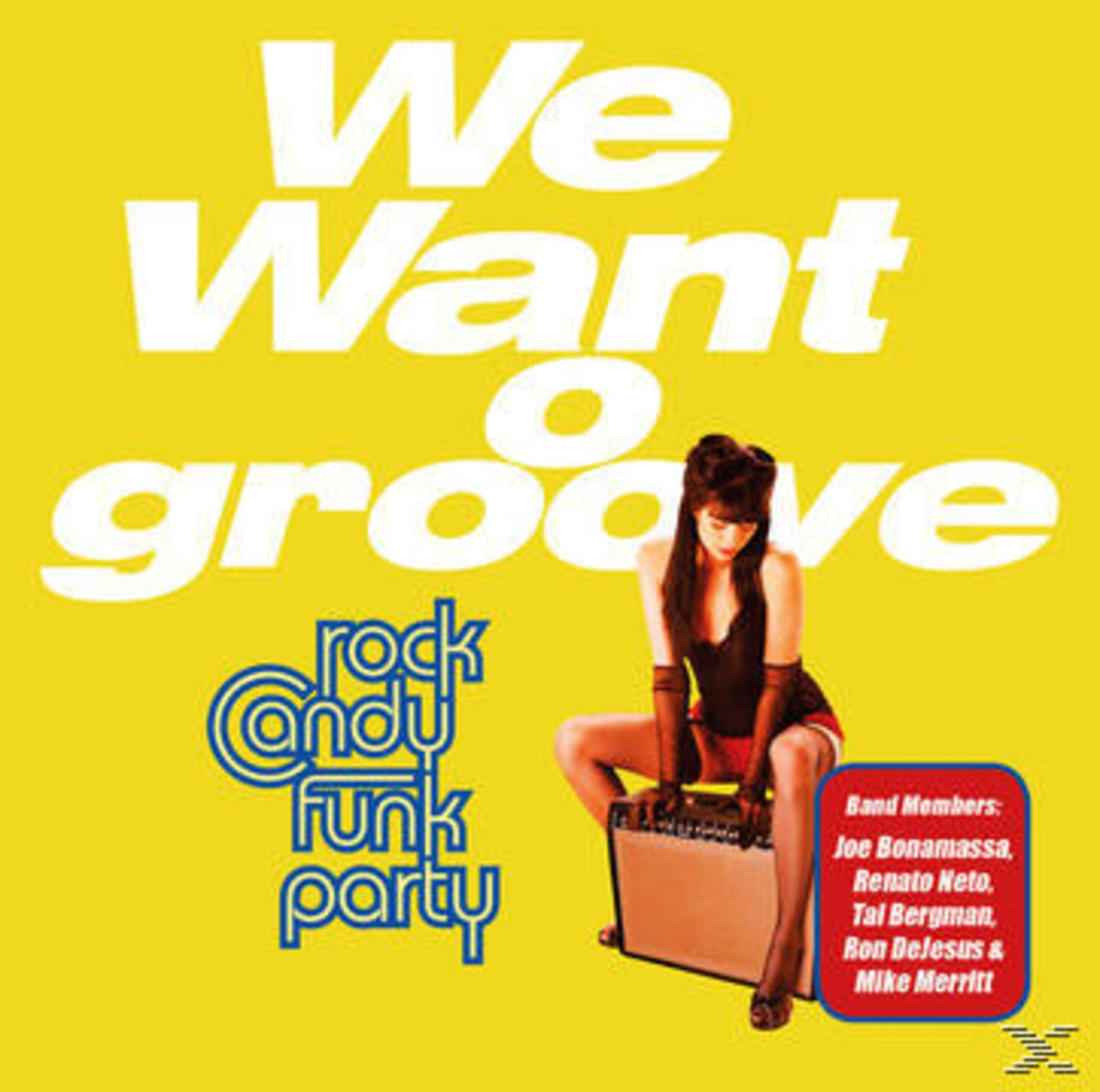 Gele achtergrond met witte tekst 'We Want o groove'.