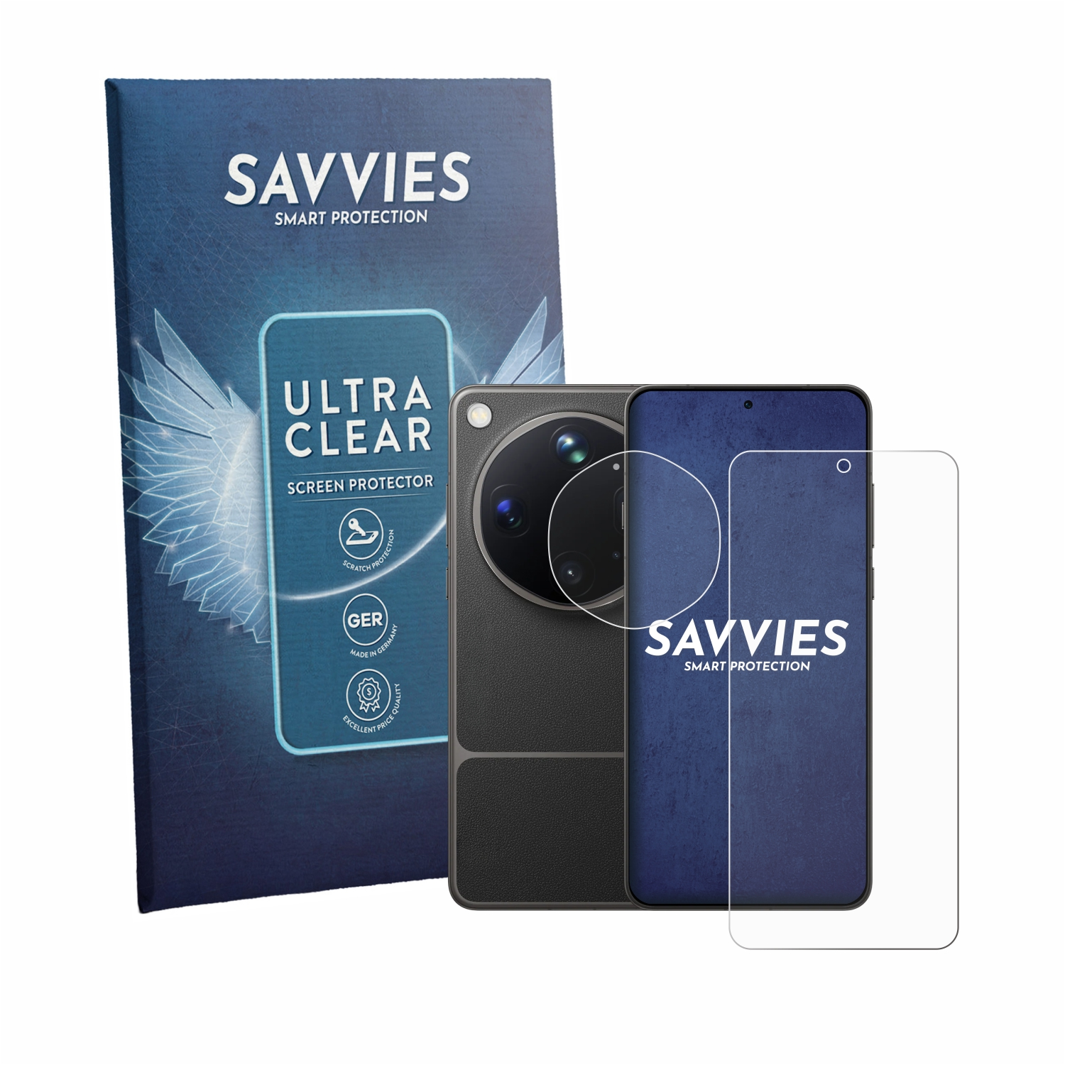 Savvies Displayschutzfolie neben einem Smartphone und seiner Verpackung.