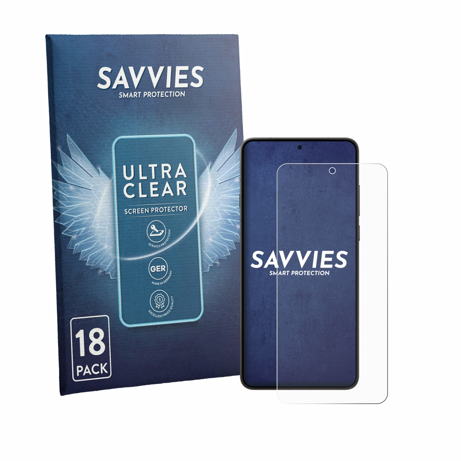 Savvies Ultra Clear Displayschutzfolien-Packung mit Handy. 18er Pack.