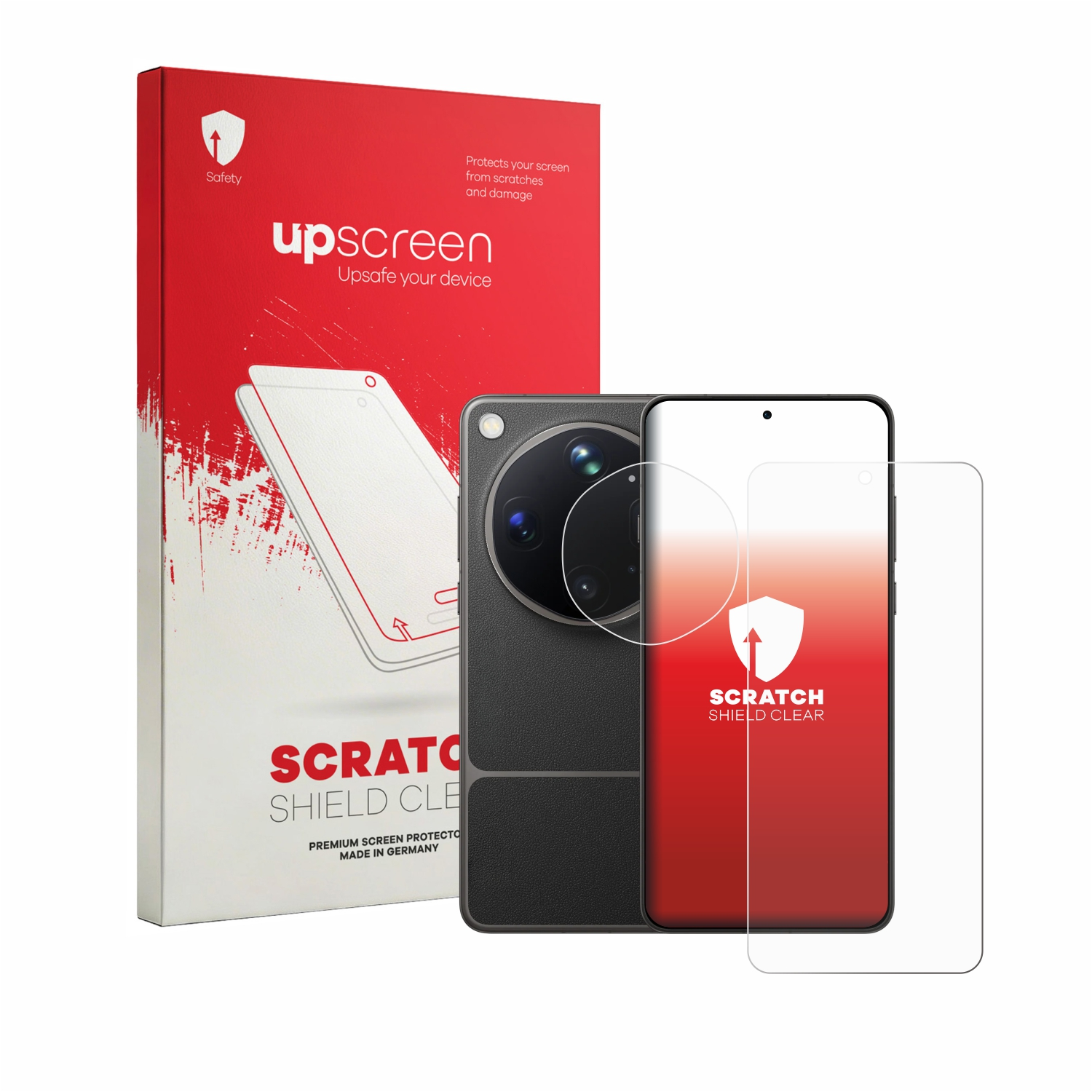 Ein schwarzes Smartphone mit Displayschutzfolie liegt neben der roten Verpackung.