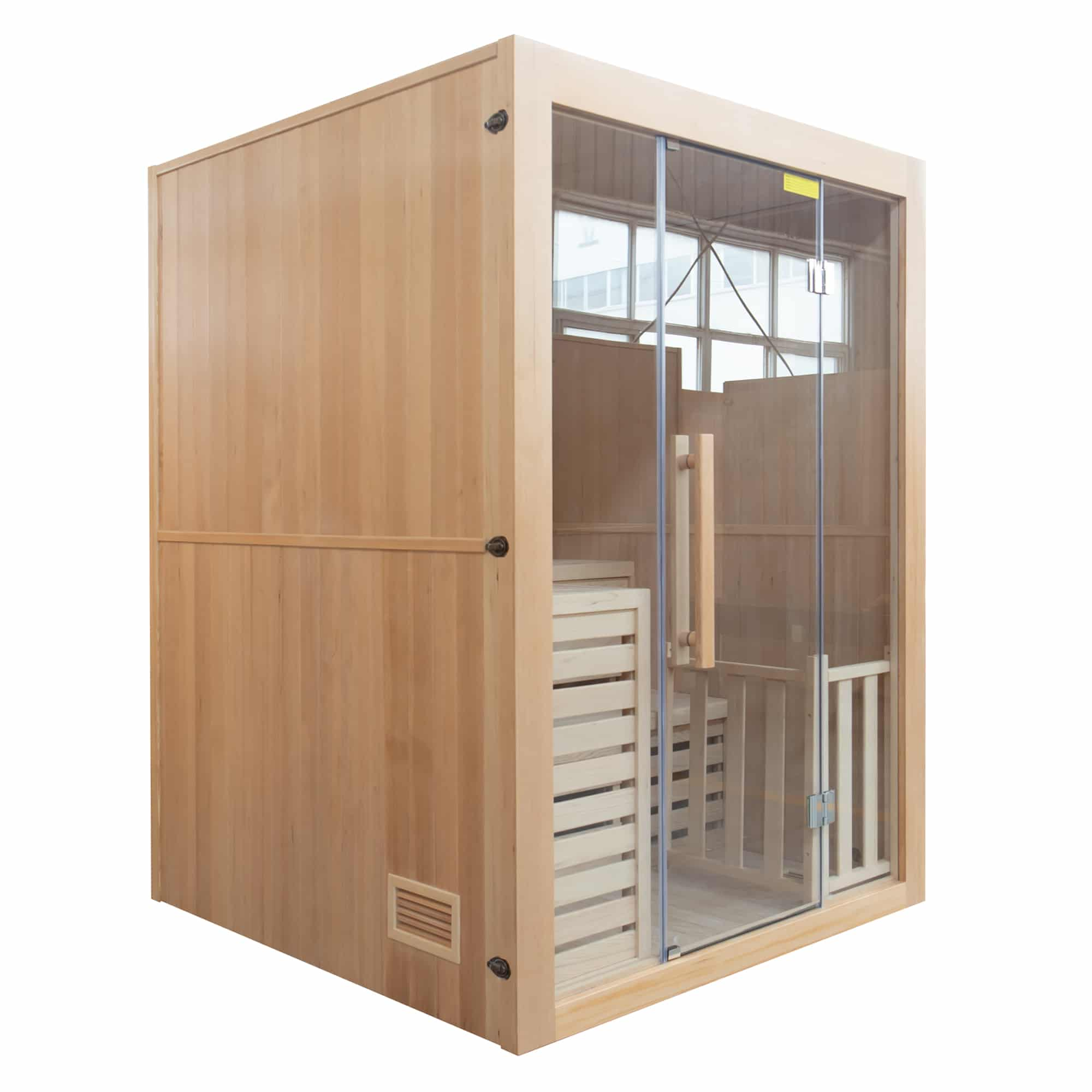 Una sauna de madera con puerta de cristal y manija de madera.