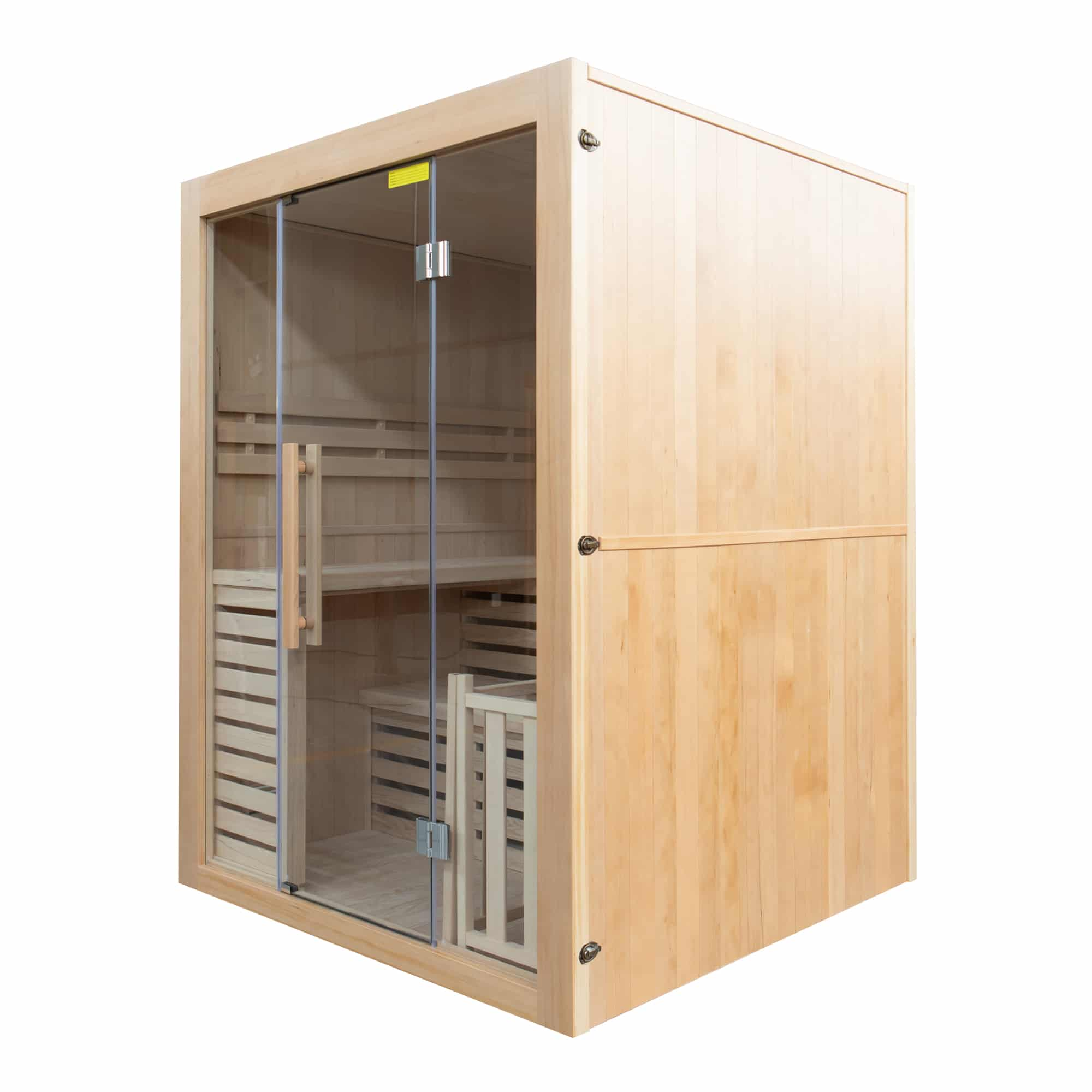 Cabina de sauna de madera con puerta de cristal y bancos de madera.