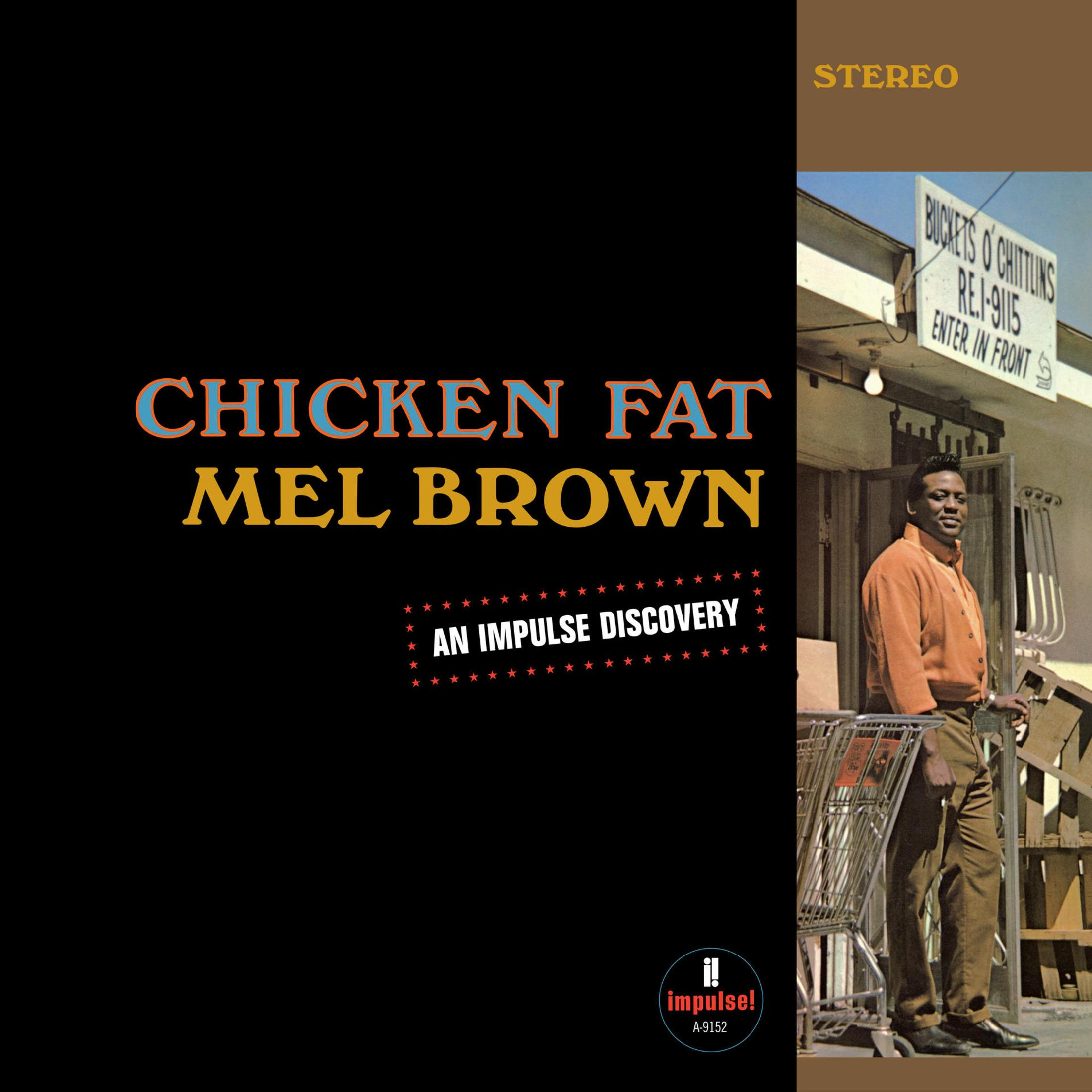 Portada de álbum con Mel Brown delante de una tienda, con texto y logo.