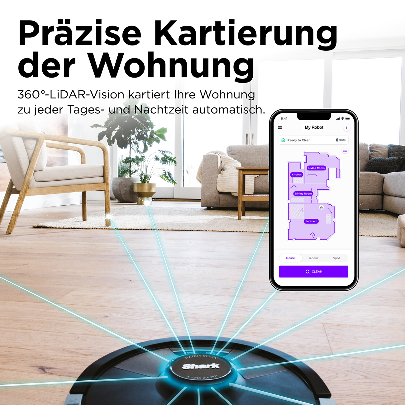 Ein Saugroboter mit LiDAR-Technologie scannt ein Wohnzimmer und zeigt eine App-Karte.