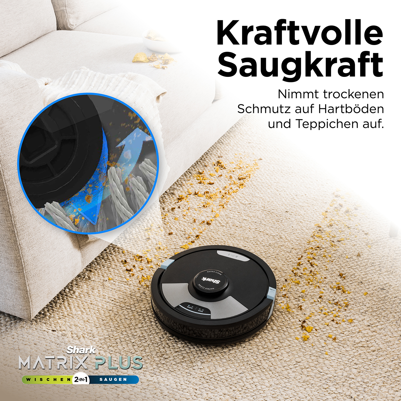 Ein Saugroboter reinigt einen Teppich von Krümeln. Detailansicht zeigt Bürste.