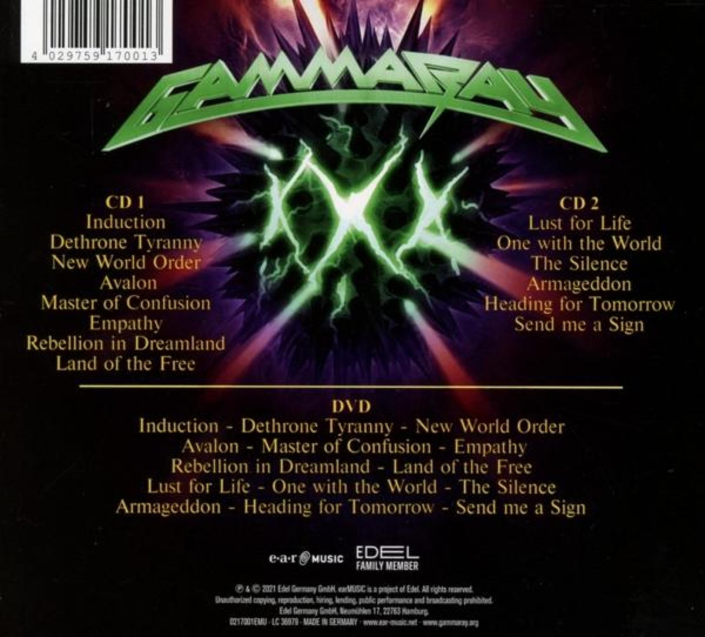Gamma Ray album cover with green logo, tracklist for CD1, CD2, and DVD.