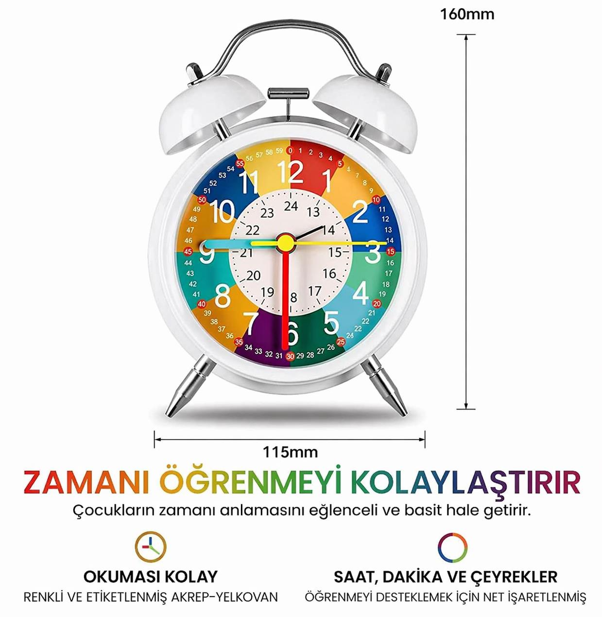 Üstünde iki çanı olan, rengarenk kadranlı beyaz çalar saat.