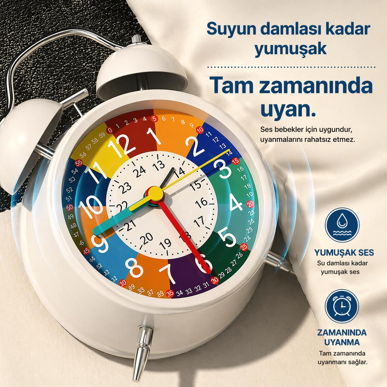 Gökkuşağı renkli rakamlara ve kırmızı saniye ibresine sahip renkli çalar saat.