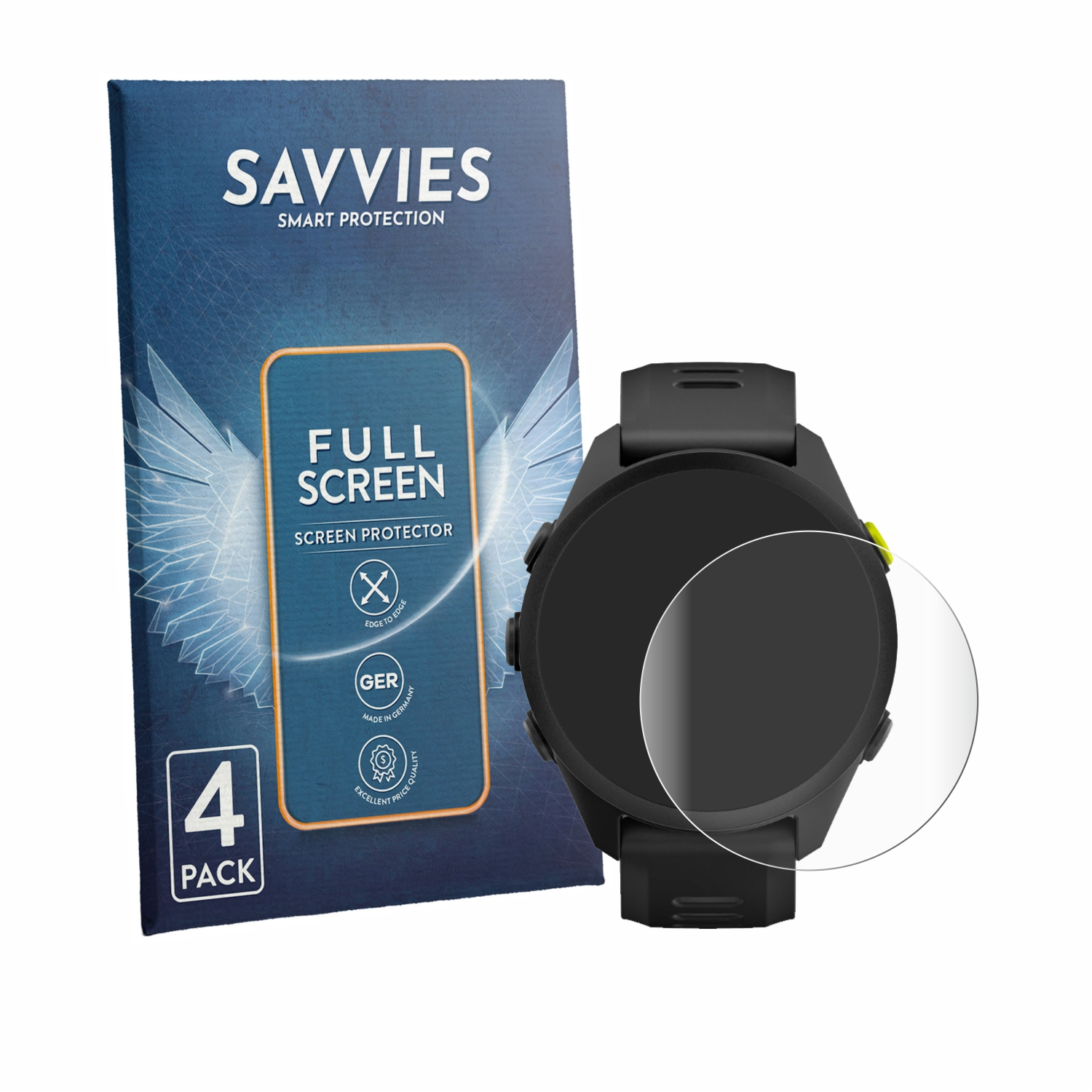 Savvies Full Screen Schutzfolie für Smartwatches, 4er Pack, in Deutschland hergestellt.