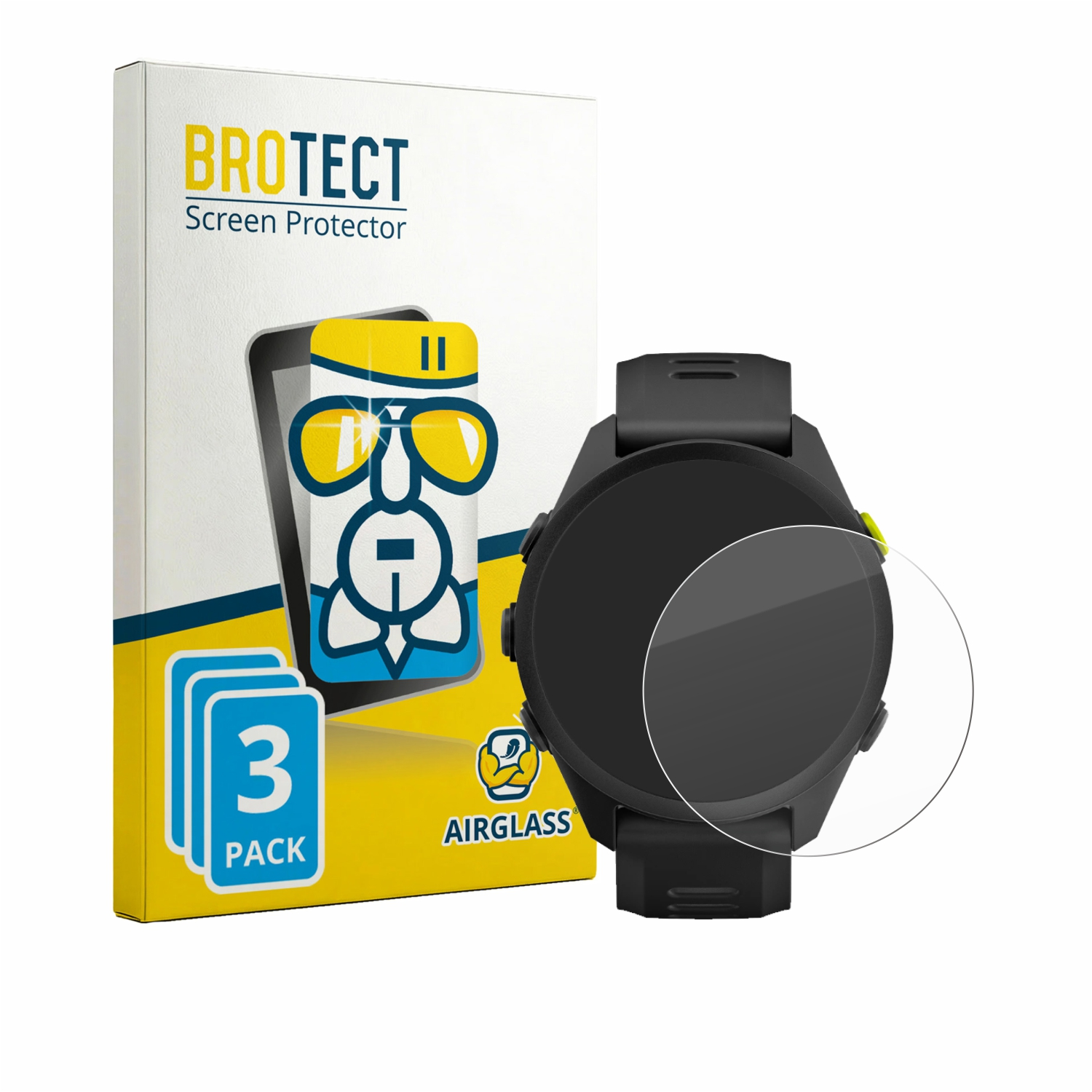 Ein BROTECT Displayschutzfolien-3er-Pack neben einer schwarzen Smartwatch auf Weiß.