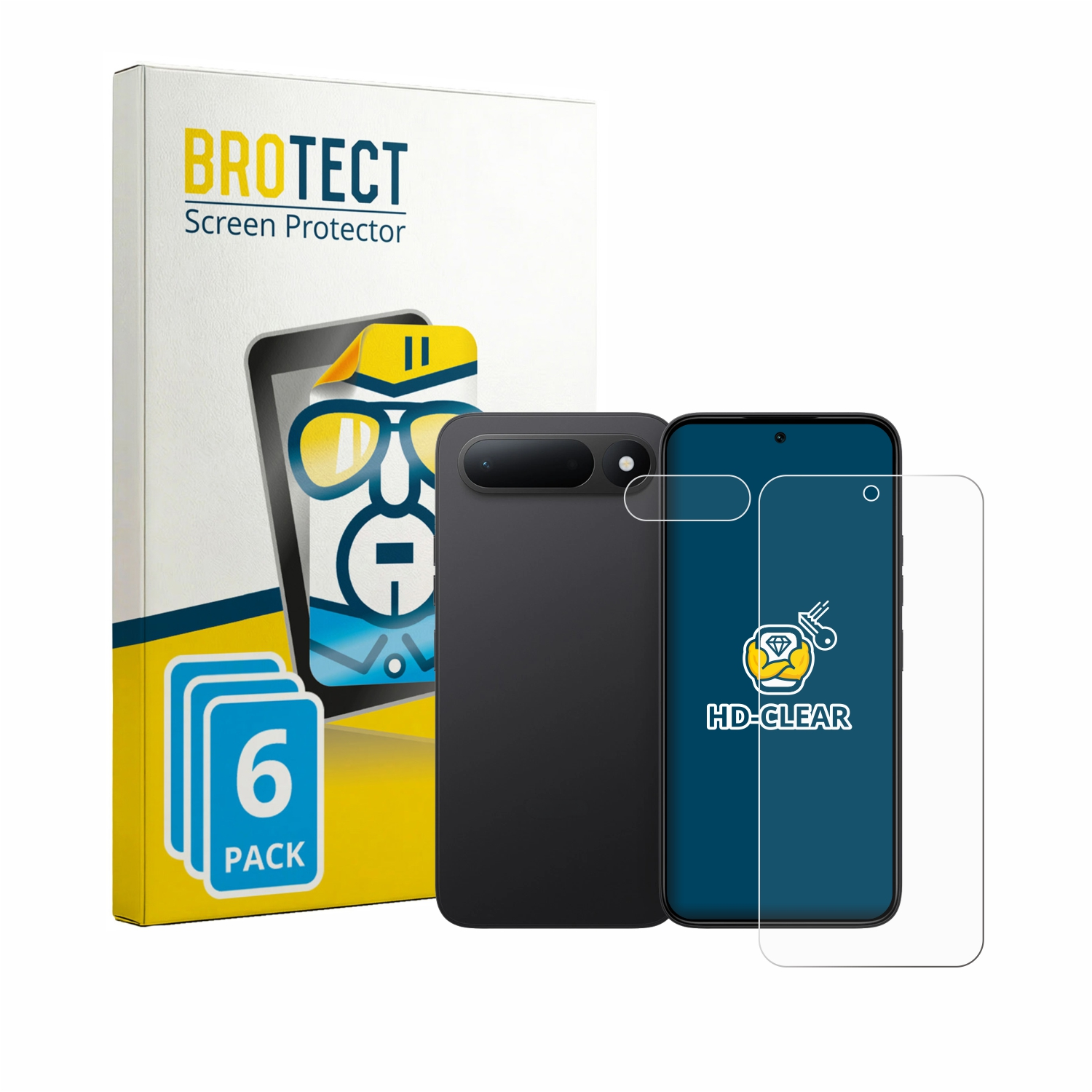 BROTECT Displayschutzfolien-Packung und ein schwarzes Smartphone mit Displayschutzfolie.