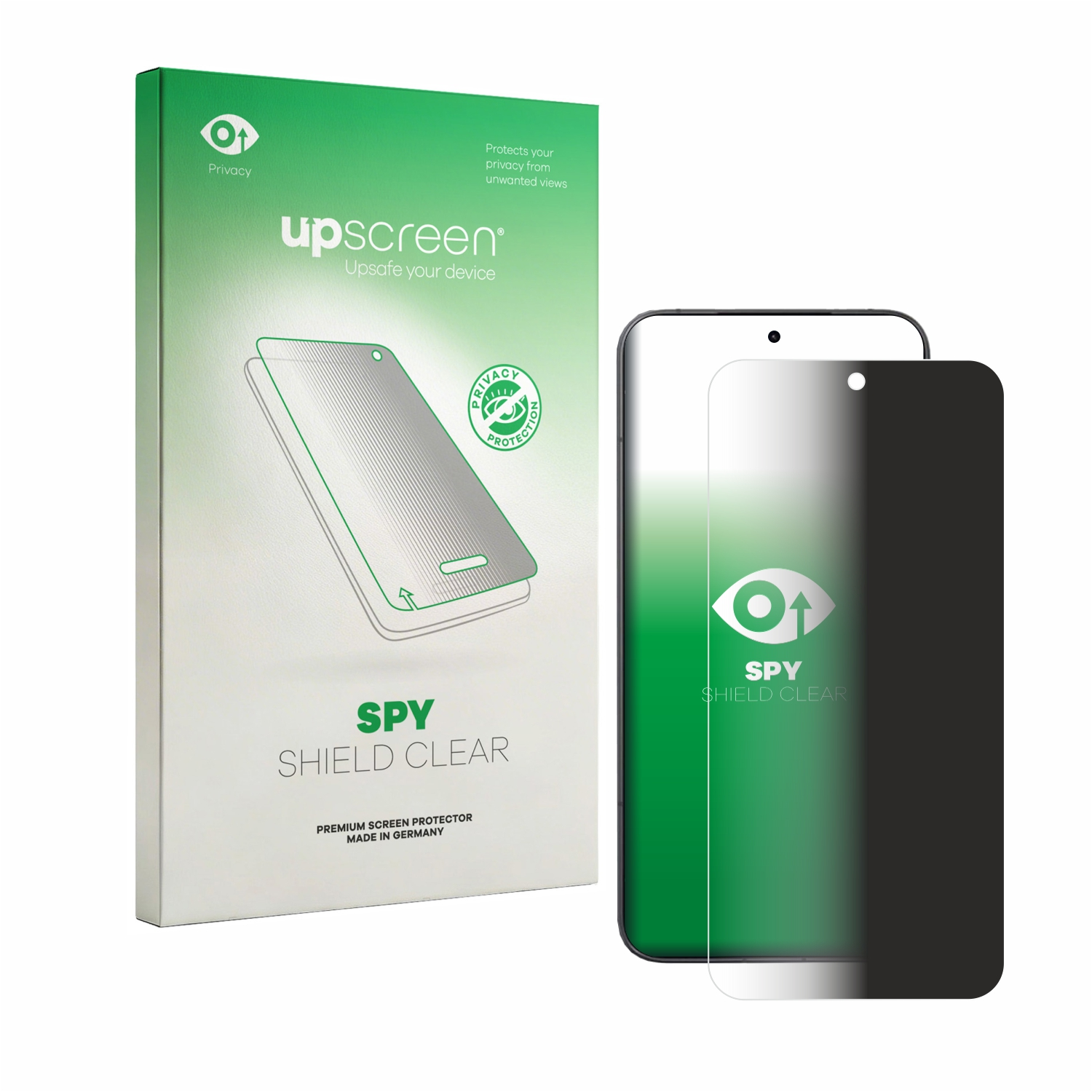 Verpackung und Displayschutzfolie für ein Smartphone, mit Fokus auf Privatsphäre.