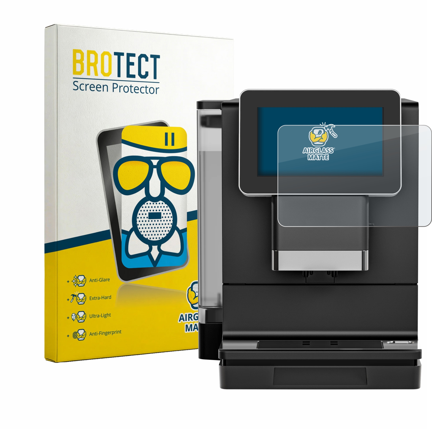 BROTECT Displayschutzverpackung neben einer schwarzen Kaffeemaschine mit Bildschirm.