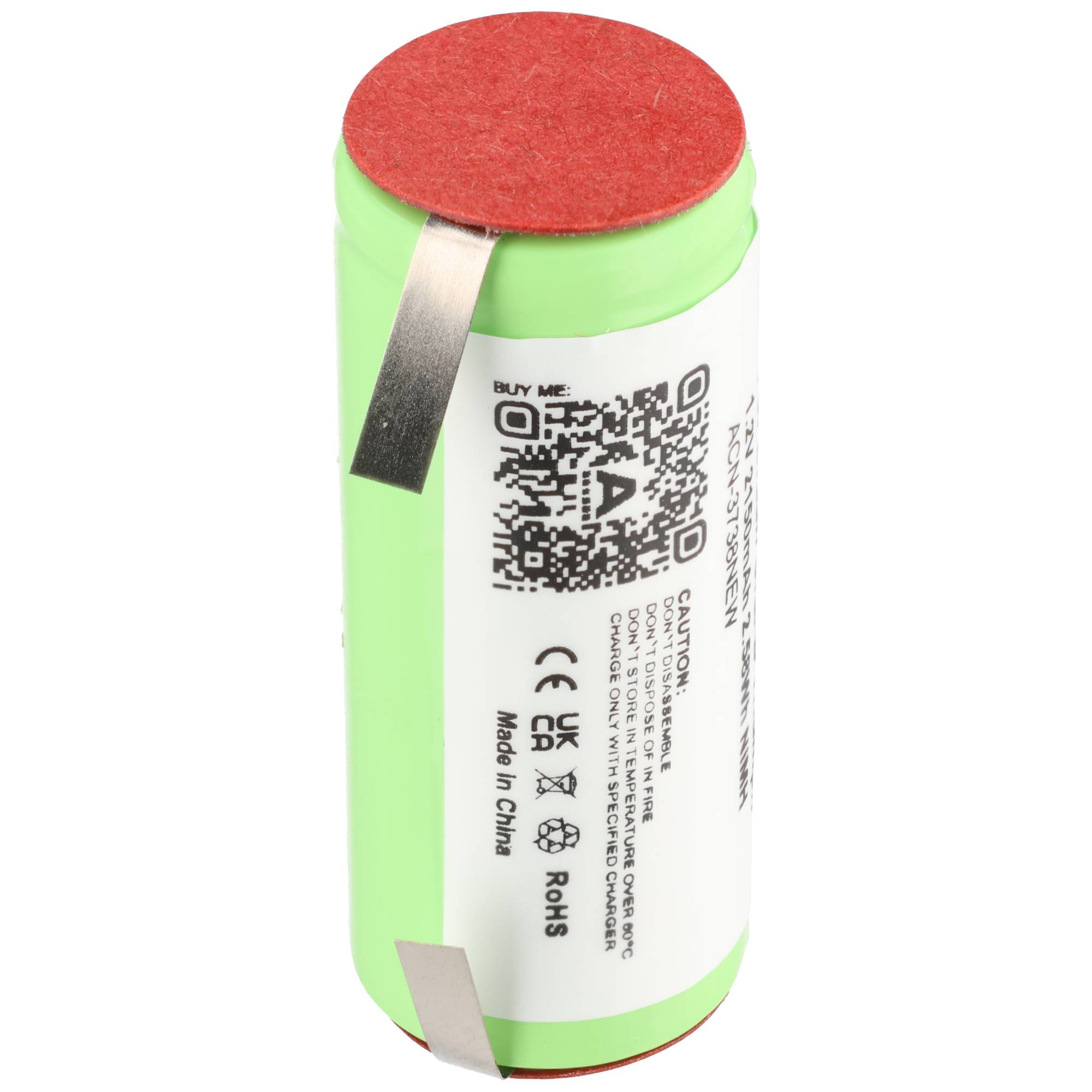 Eine grüne Batterie mit rotem Deckel und silbernen Kontakten. Warnhinweise sind aufgedruckt.