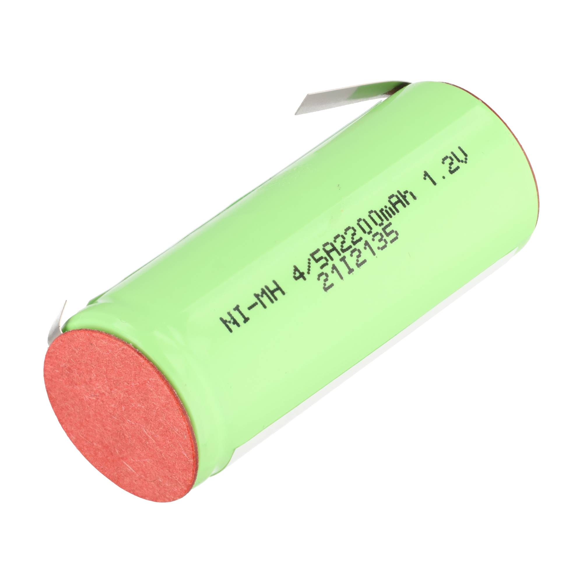 Eine hellgrüne Ni-MH-Batterie mit rotem Pluspol und Metallanschluss.