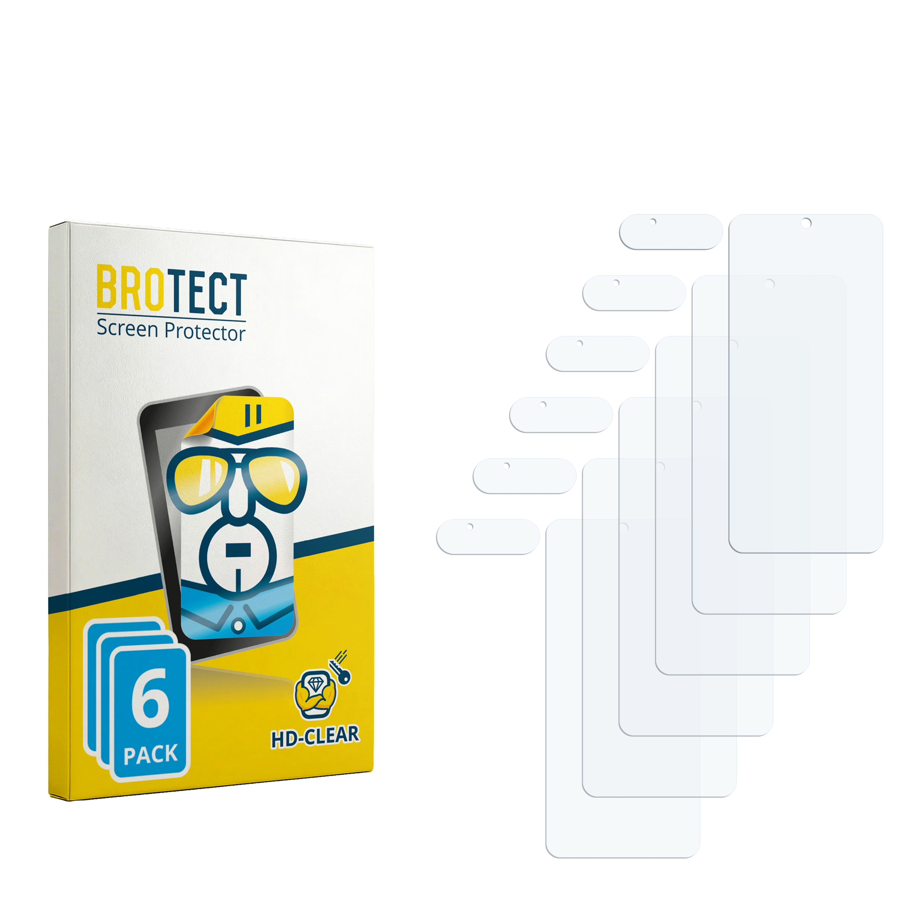 Packung mit 6 Displayschutzfolien und einzelnen Folien daneben.