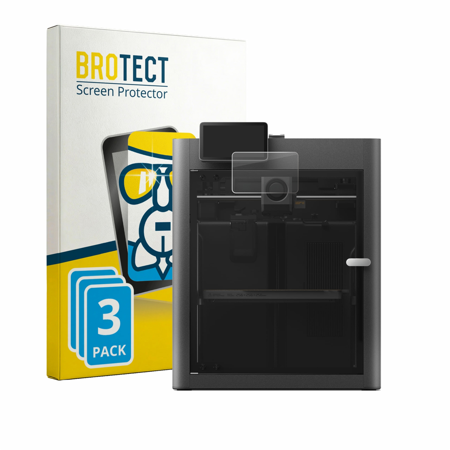 Ein 3er-Pack BROTECT Displayschutzfolien neben einem schwarzen 3D-Drucker.