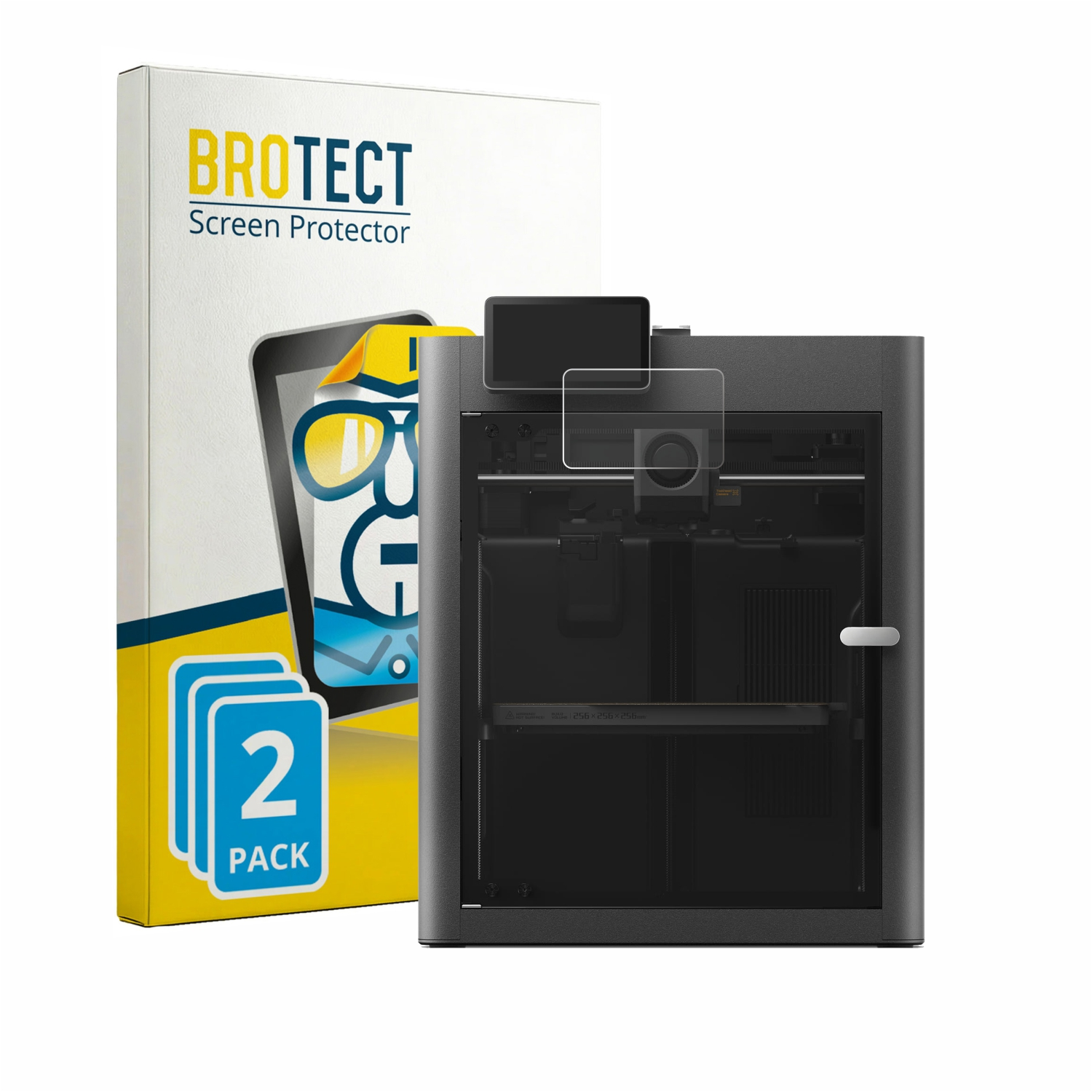 BROTECT Displayschutzfolie und 3D-Drucker auf weißem Hintergrund.
