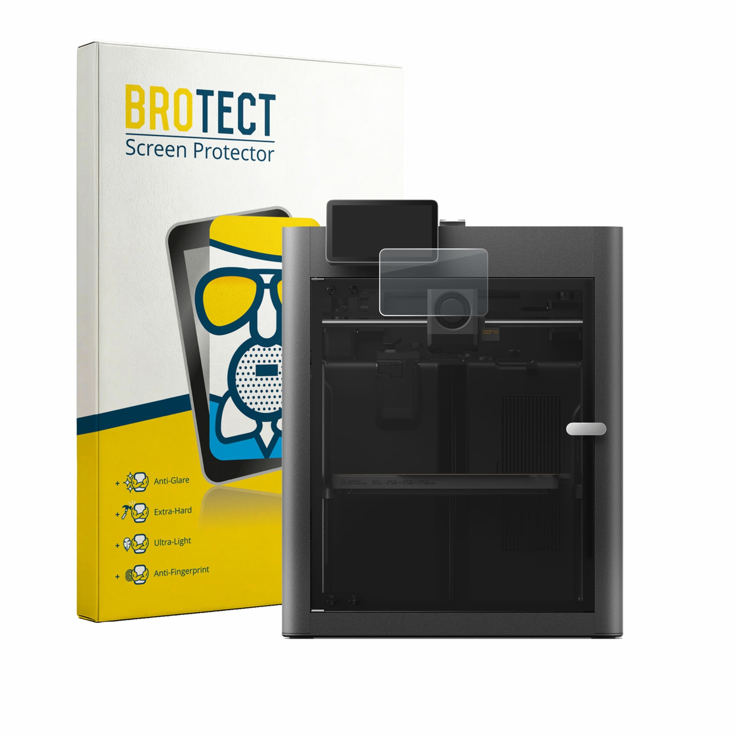 Verpackung für Displayschutzfolie neben einem dunklen 3D-Drucker.
