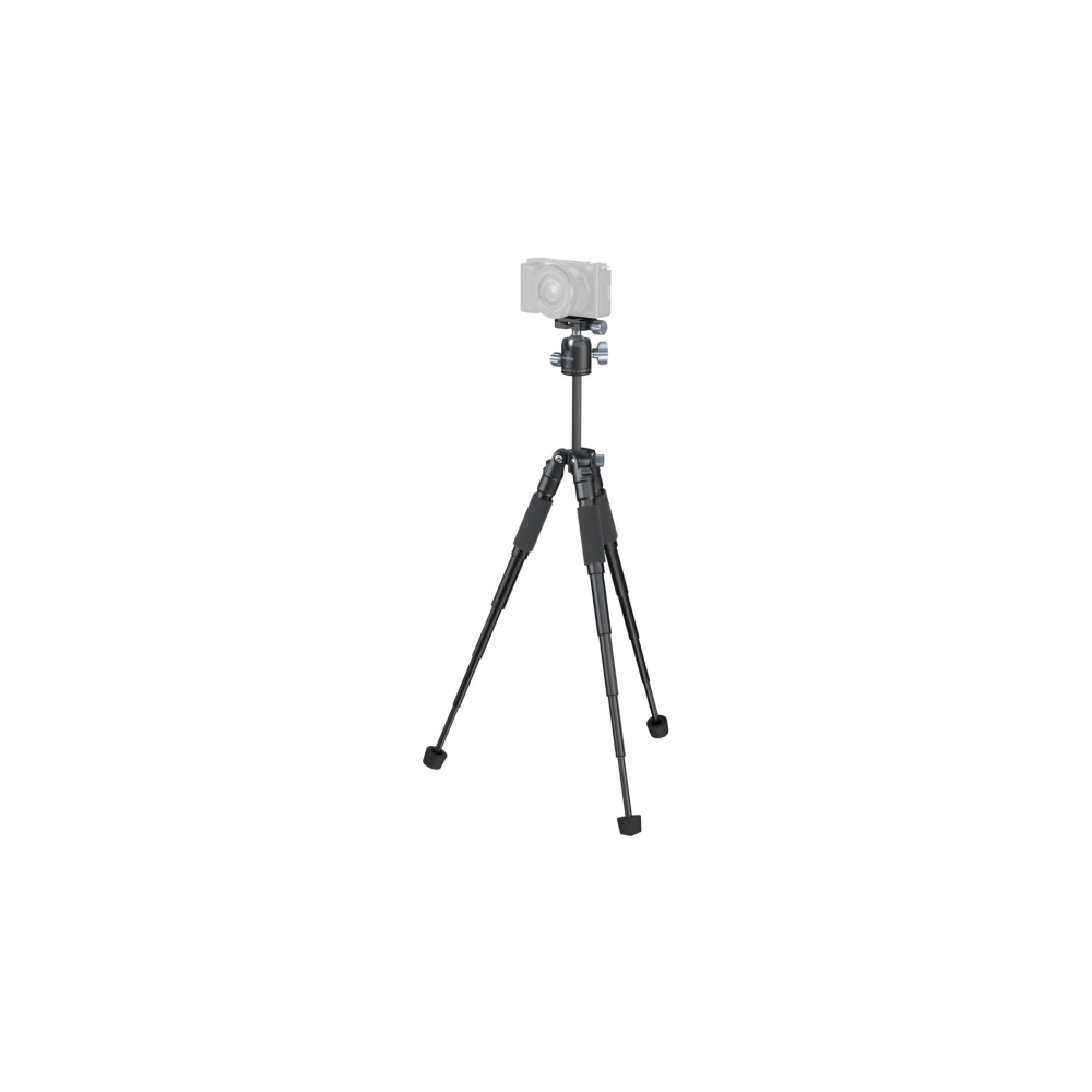 A black tripod with a camera on top, isolated on a white background.