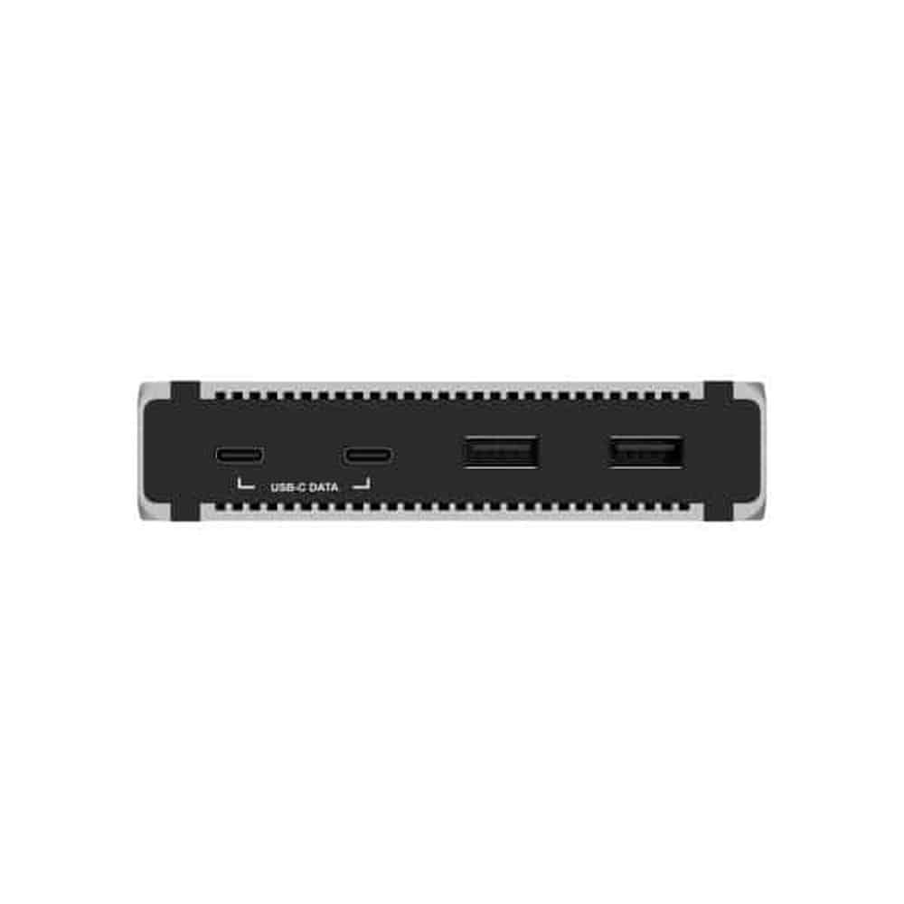 Małe czarne urządzenie z dwoma portami USB-C i dwoma USB-A.