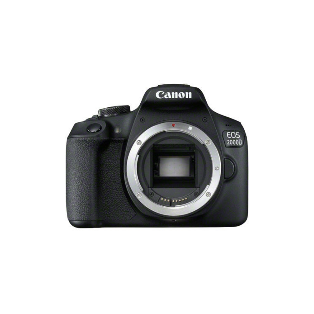 Eine schwarze Canon EOS 2000D Digitalkamera mit freiliegendem Objektivanschluss.