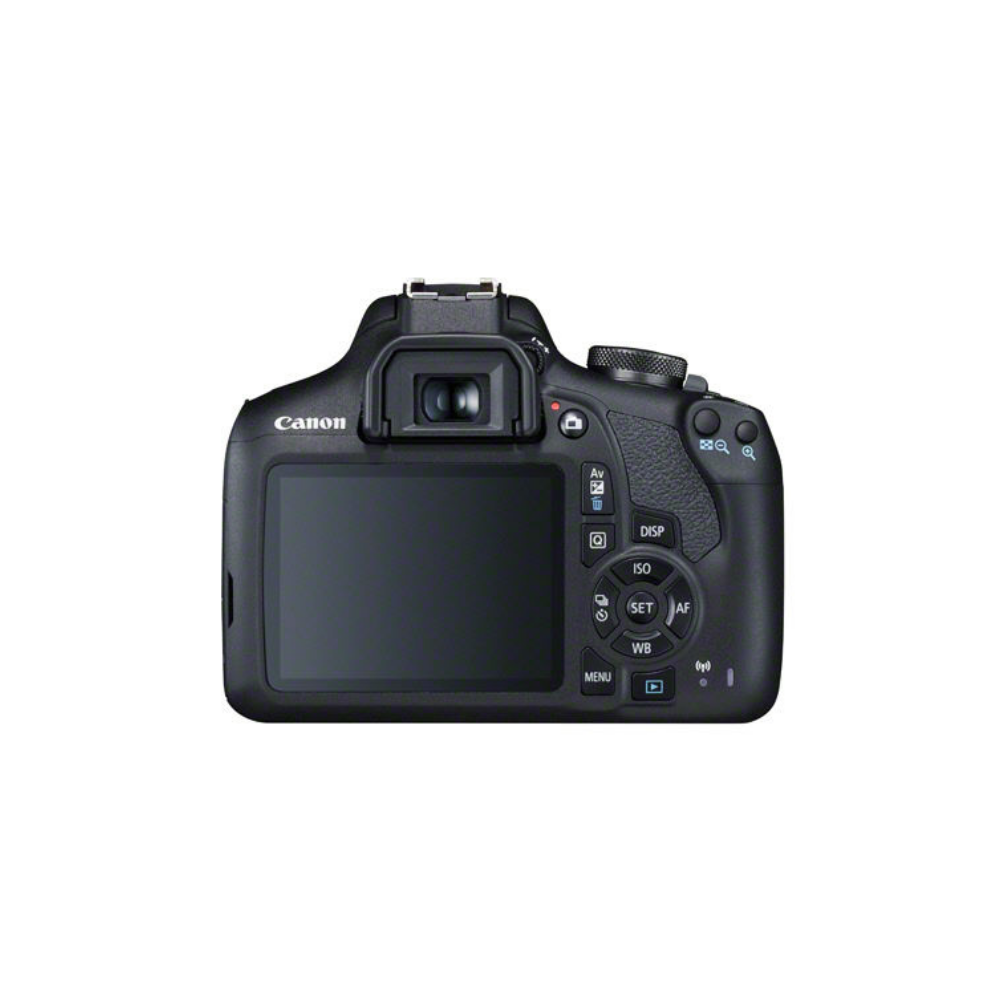 Rückseite einer schwarzen Canon Digitalkamera mit Bildschirm und Bedienelementen.