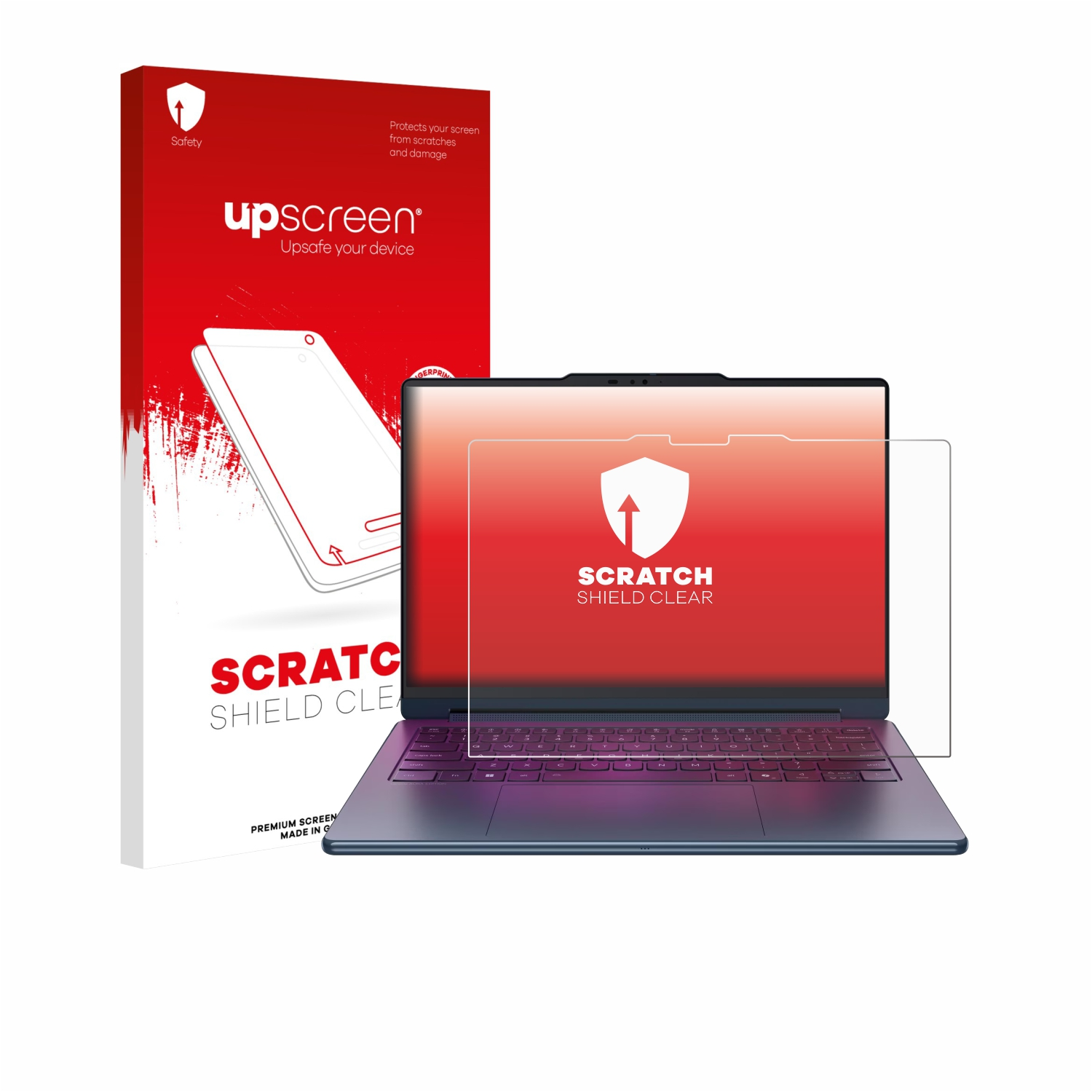 Upscreen-Verpackung und ein Laptop mit angebrachtem Displayschutz.